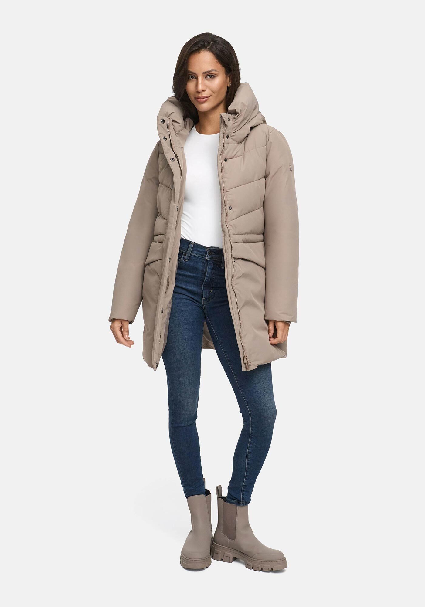 Winterjacke MARIKOO "Delilah", Damen, Gr. M, taupegrau, Obermaterial: 100% Polyester; Futter: 100% Polyester; Wattierung: 100% Polyester; Ärmelfutter: 100% Polyester, Jacken Winterjacke, mit kuschelig warmem Teddyfleece und hohem Kragen