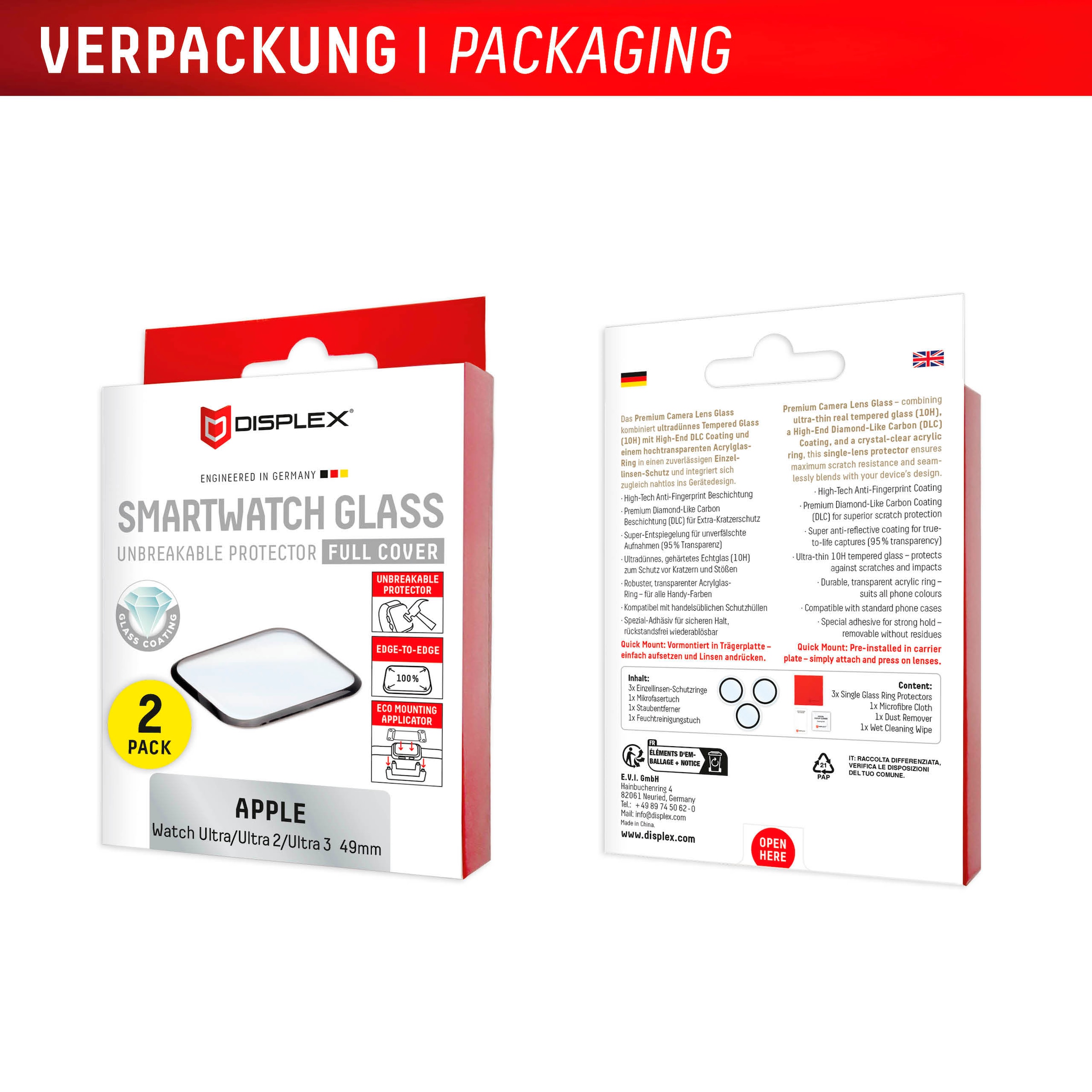 Displex Displayschutzglas »Smartwatch Glass Unbreakable Protector Full Cover« für Apple Watch Ultra 49 mm;Apple Watch  Ultra 2 49 mm;Apple Watch Ultra 3 49 mm Packung, 2x Acrylglas Protector,  Displayschutzfolie, kratz- & stoßfest