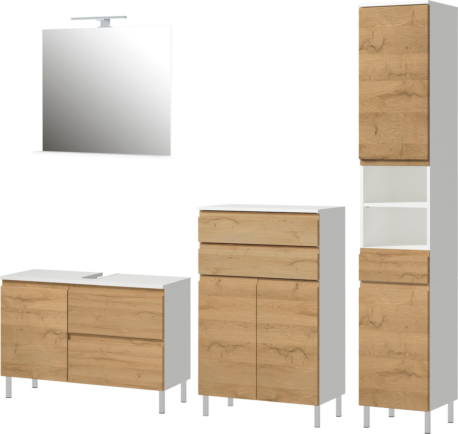 GERMANIA Badmöbel-Set »Torrance«, (4 St.), Unterschrank, Spiegel mit Beleuchtung, Kommode und Hochschrank