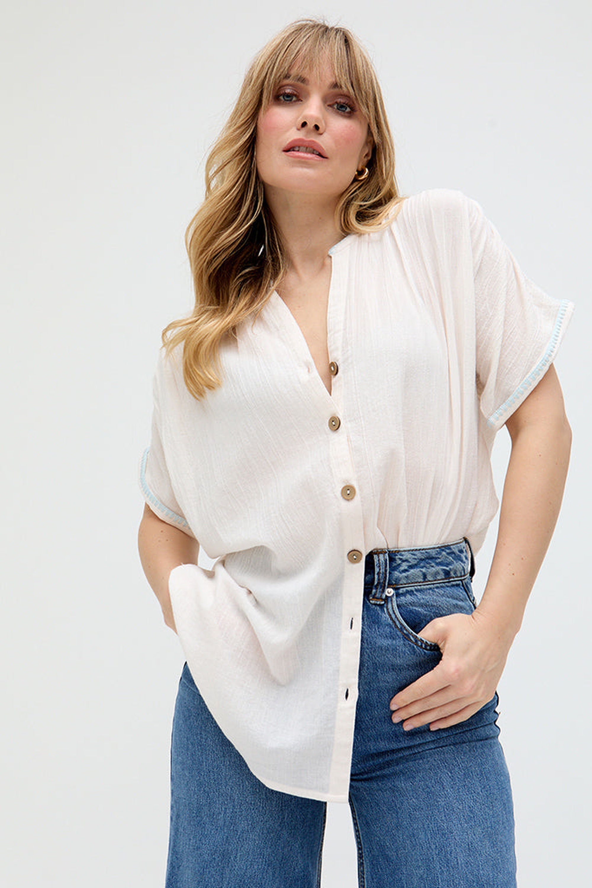 RAFFYA Hemdbluse "Juneeta Crop Sleeve Button Down Shirt In Cream. Damen" günstig online kaufen