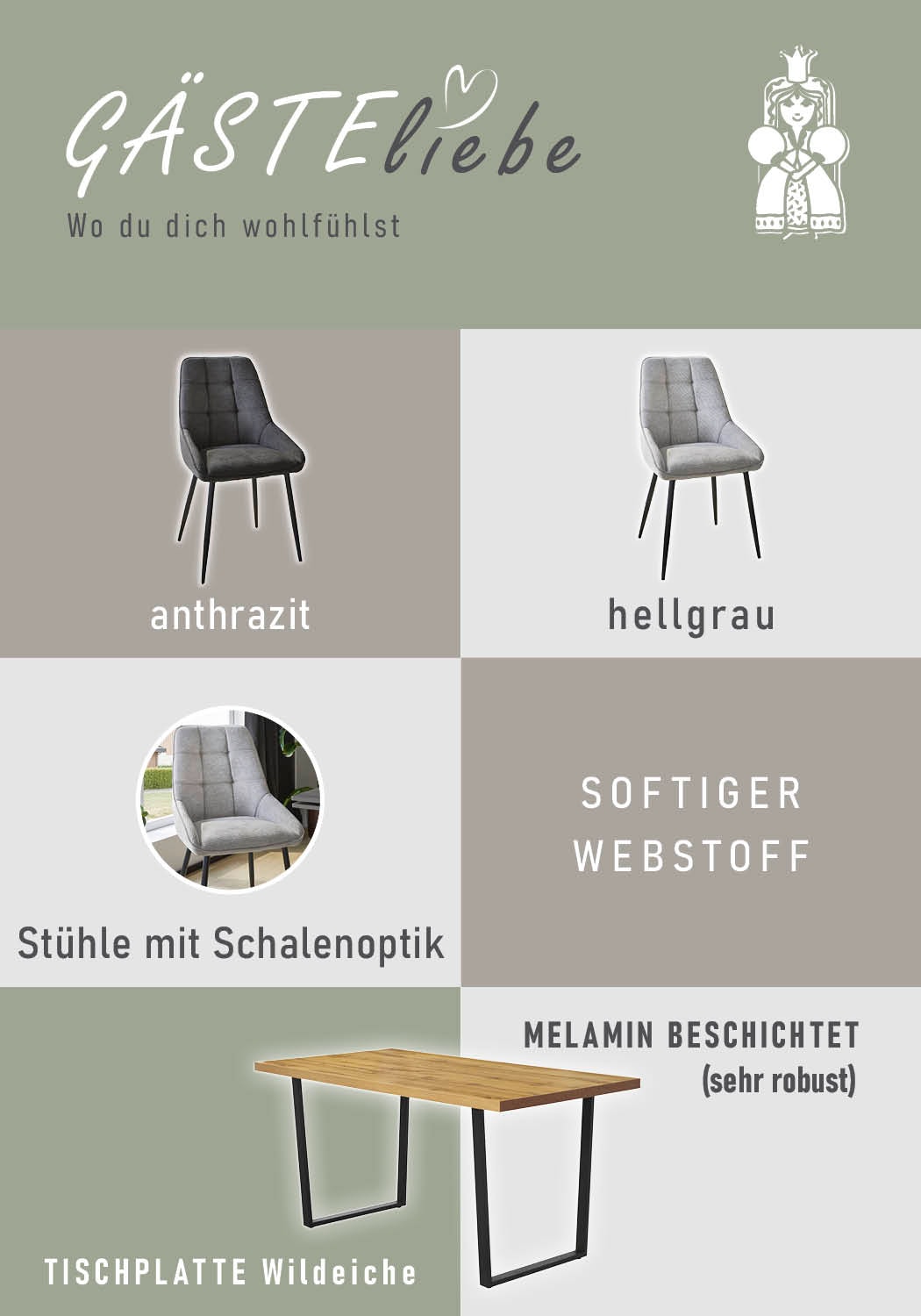 Jockenhöfer Gruppe Essgruppe »ROGER, Sitzgruppe, Esstisch 160 cm, 4 Stühle« Set, Esstisch 160 cm plus 4 Esszimmerstühle, 5 Stk. tlg. Tischplatte Wildeiche, U-Gestell, Stühle mit Webstoff