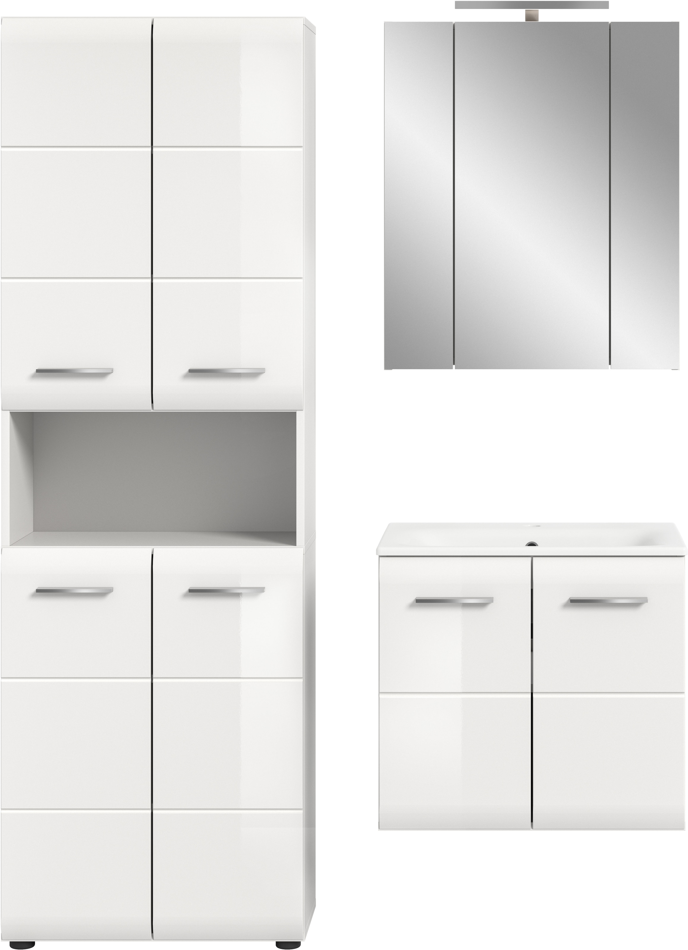 INOSIGN Badezimmer-Set, (Set, 5 St.), Florenz, Badkombination 5-tlg,Weiß hochgl. inkl. Waschbecken+Bel.