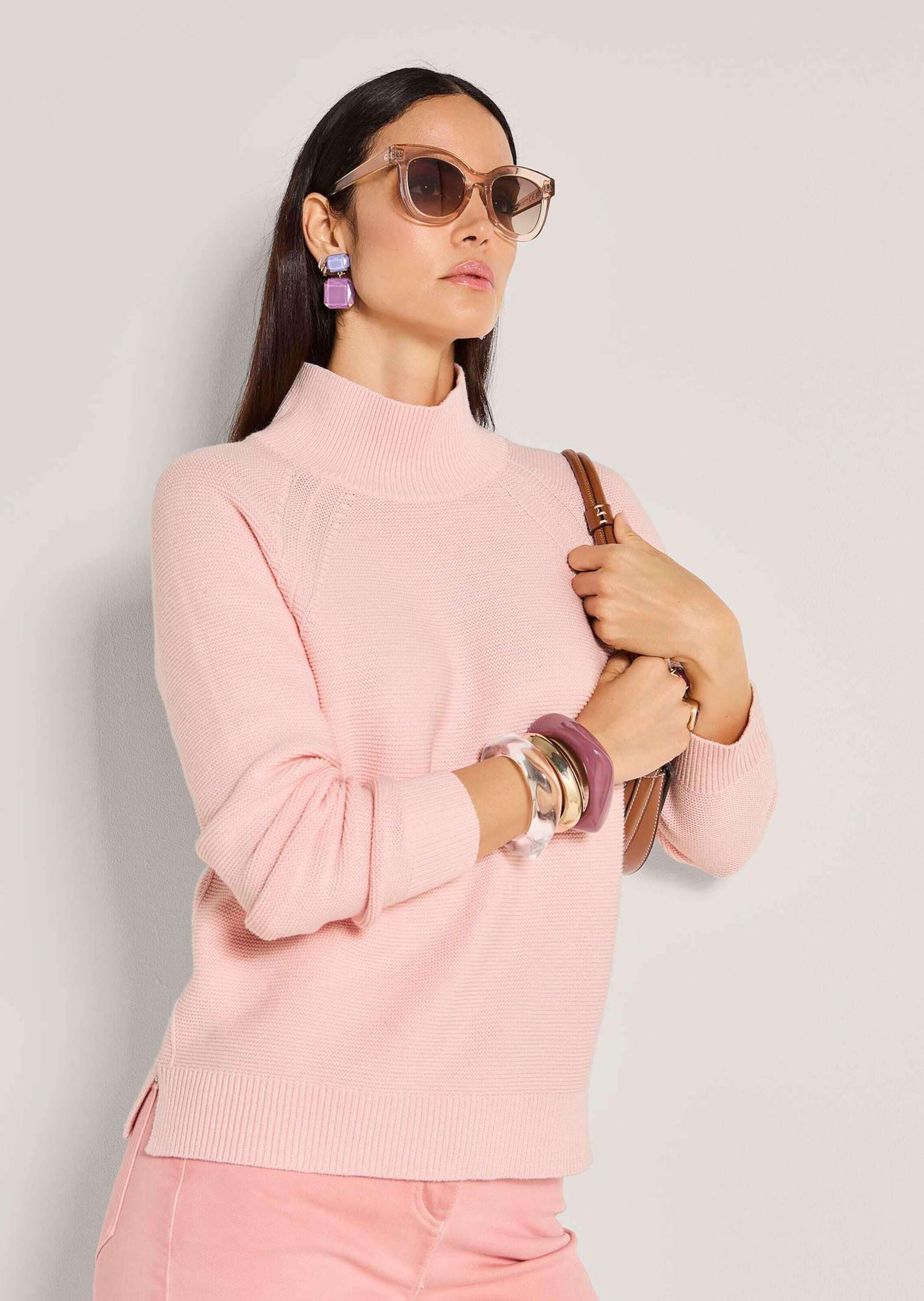 MADELEINE Longpullover »Strickpullover Zeitloser Baumwollpullover mit Stehkragen« links gestrickt