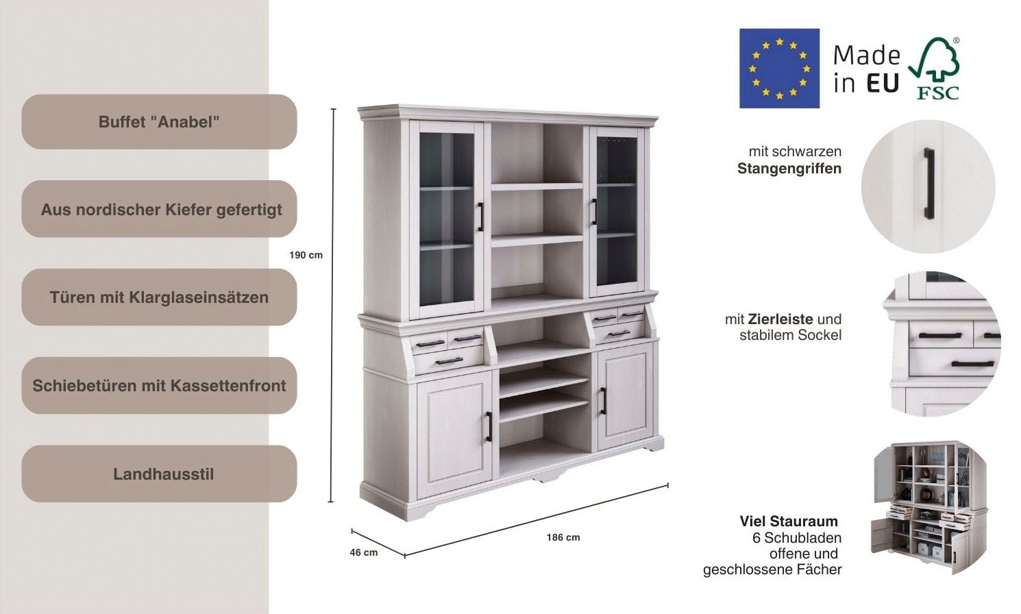 Home affaire Buffet »Anabel«, zertifiziertes Massivholz, Breite 186 cm, im Landhausstil