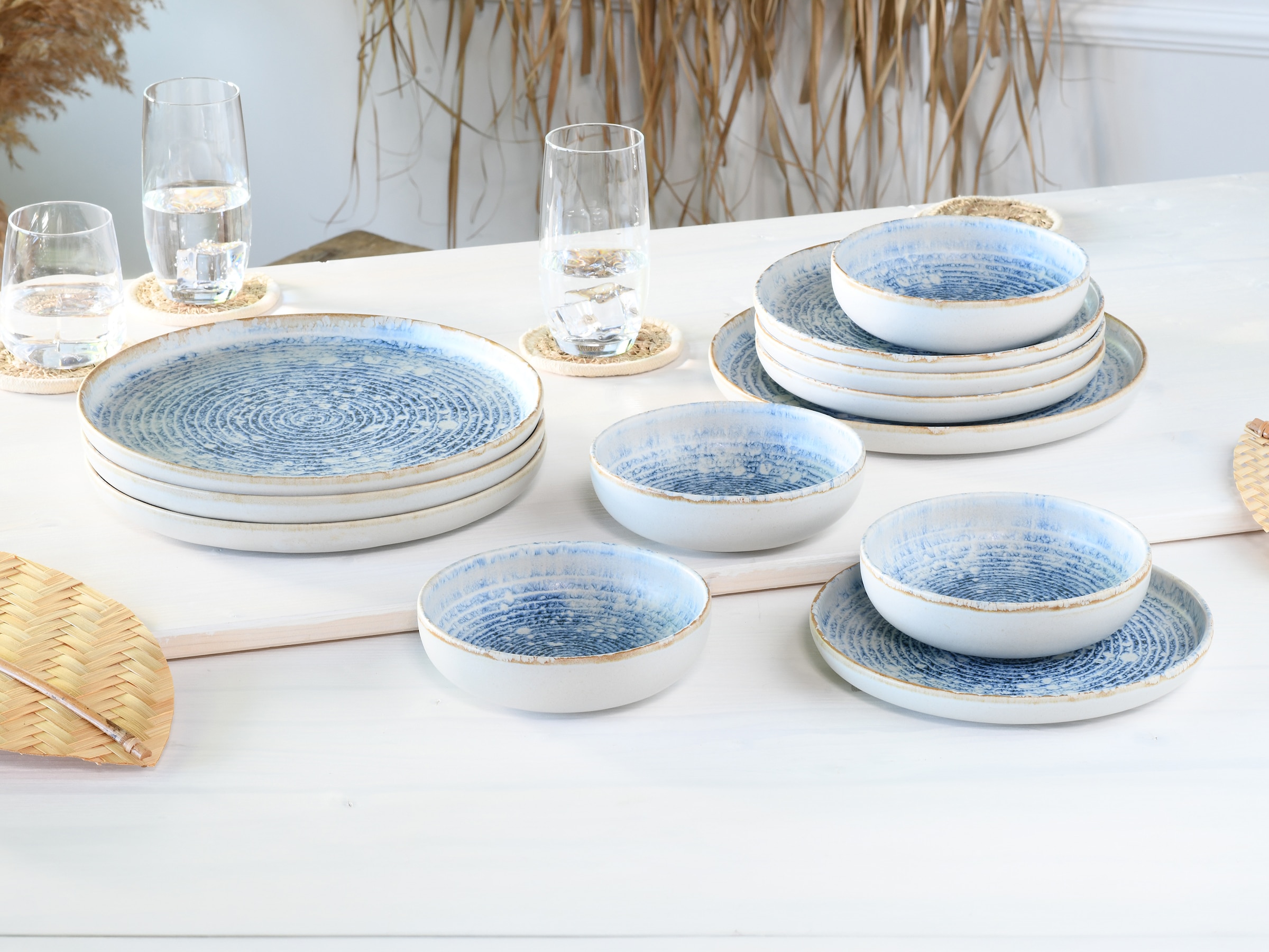 CreaTable Teller-Set »Uno Mykonos, Tellerset 12-tlg«, (Set, 12 tlg.), Sommerlich, Vintage Style, Reaktivglasur
