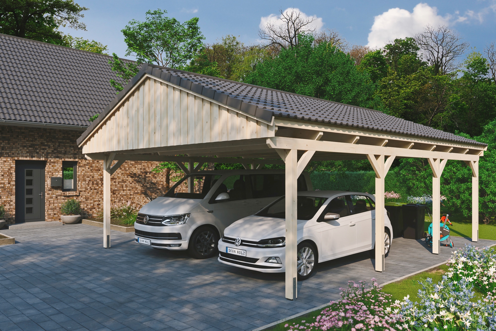 Skanholz Doppelcarport "Fichtelberg", Leimholz-Nordisches Fichtenholz, natur, mit Dachlattung