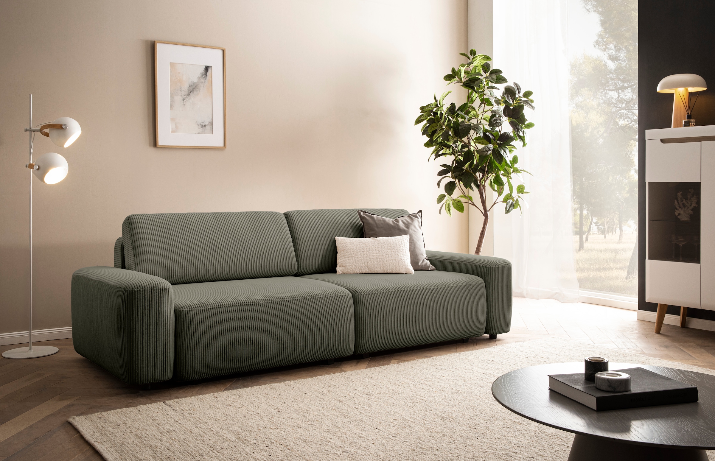 INOSIGN 3-Sitzer »TORGE (257cm), Sofa,Schlafsofa in Cord, Samtvelours, Struktur fein«, rundes Design, Schlaffunktion u. Bettkasten, Liegefläche: 135/200 cm