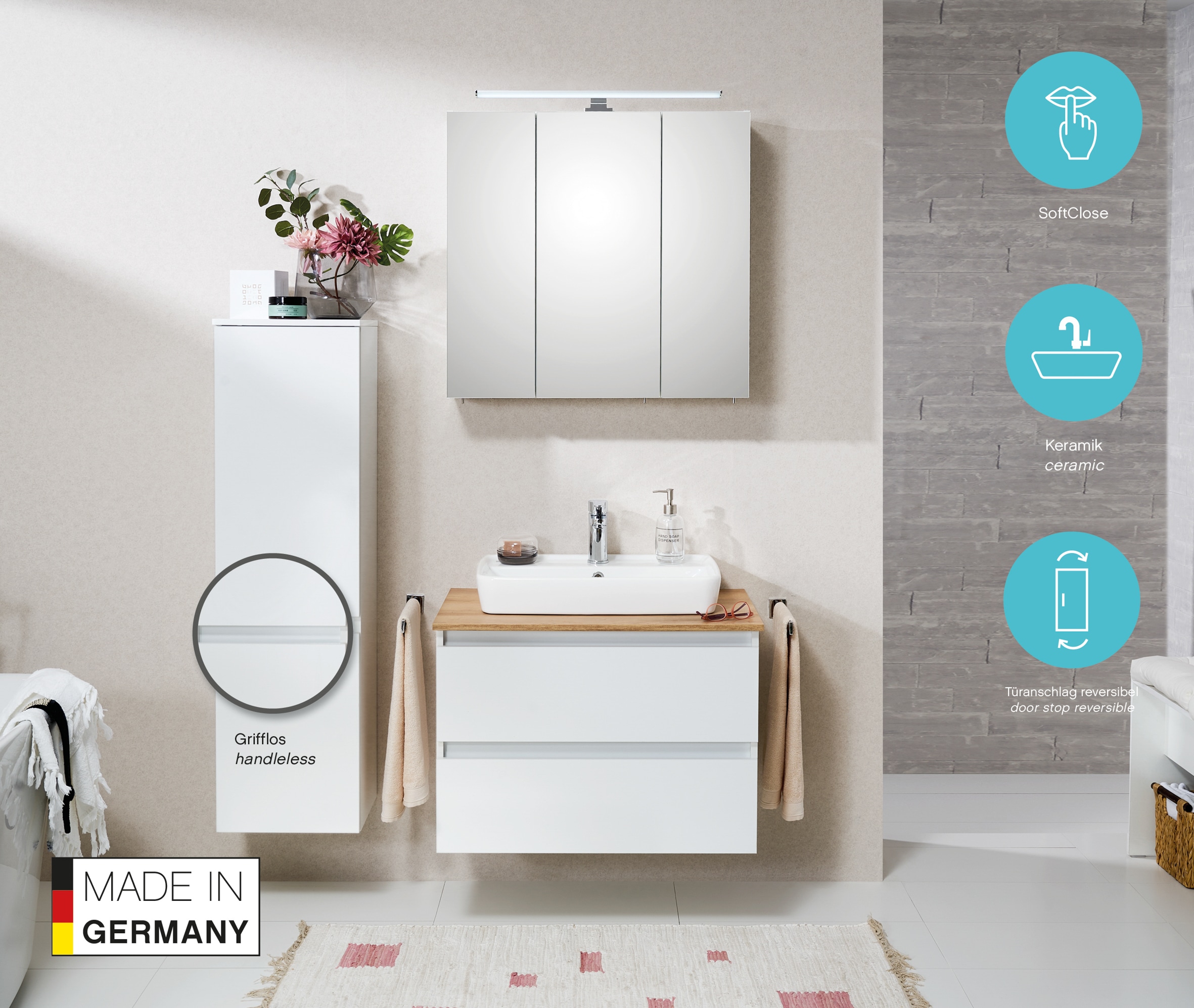 Saphir Midischrank »Quickset 360 Badschrank in Weiß Glanz mit 2 Türen, 3 Glas-Einlegeböden« inkl. Türdämpfer, 35 cm breit, 124,5 cm hoch, grifflos, wandhängend