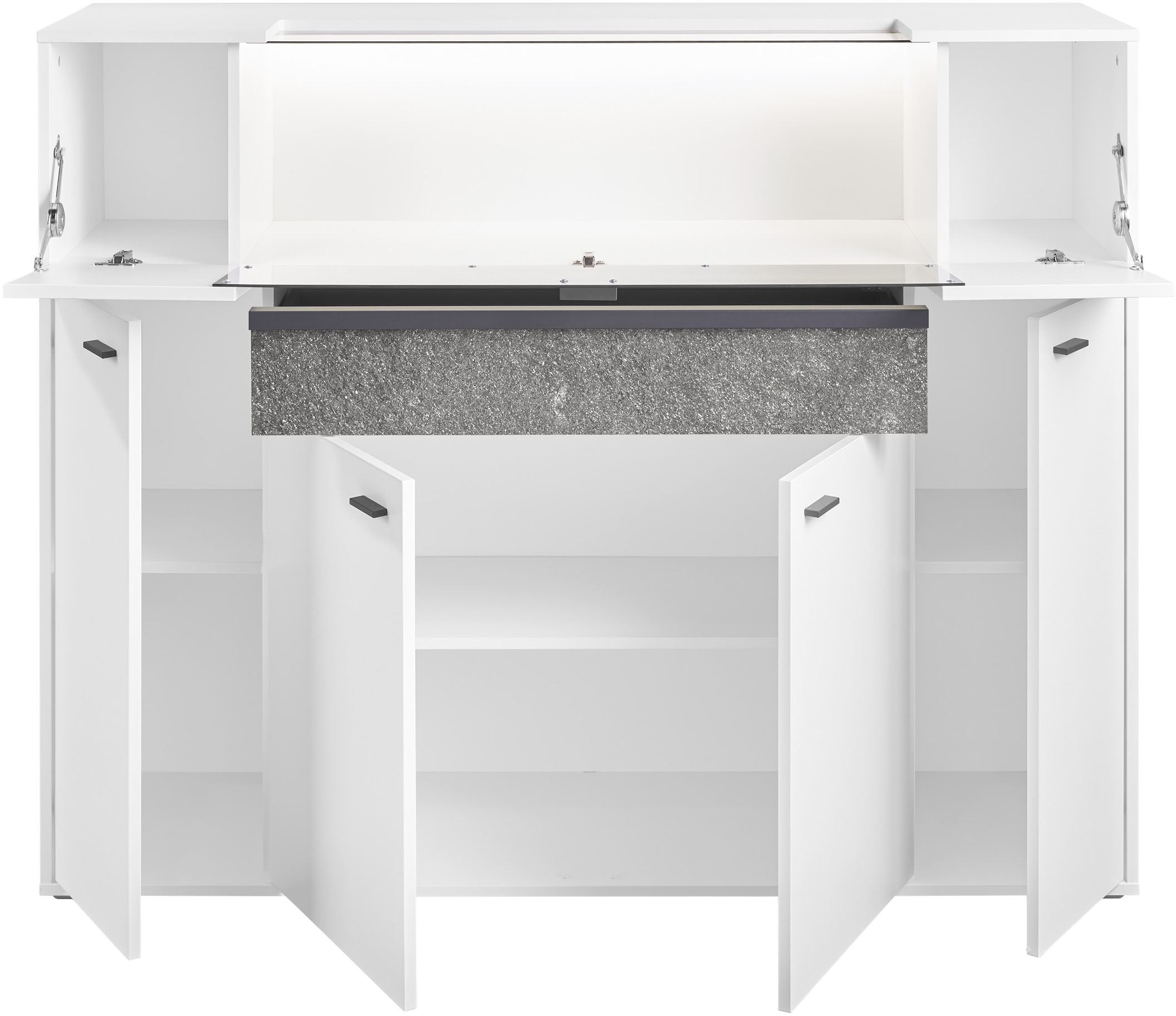 set one by Musterring Highboard »Deltona«, inklusive Beleuchtung, mit Glasklappe und Zierelement, B154 x H122 cm