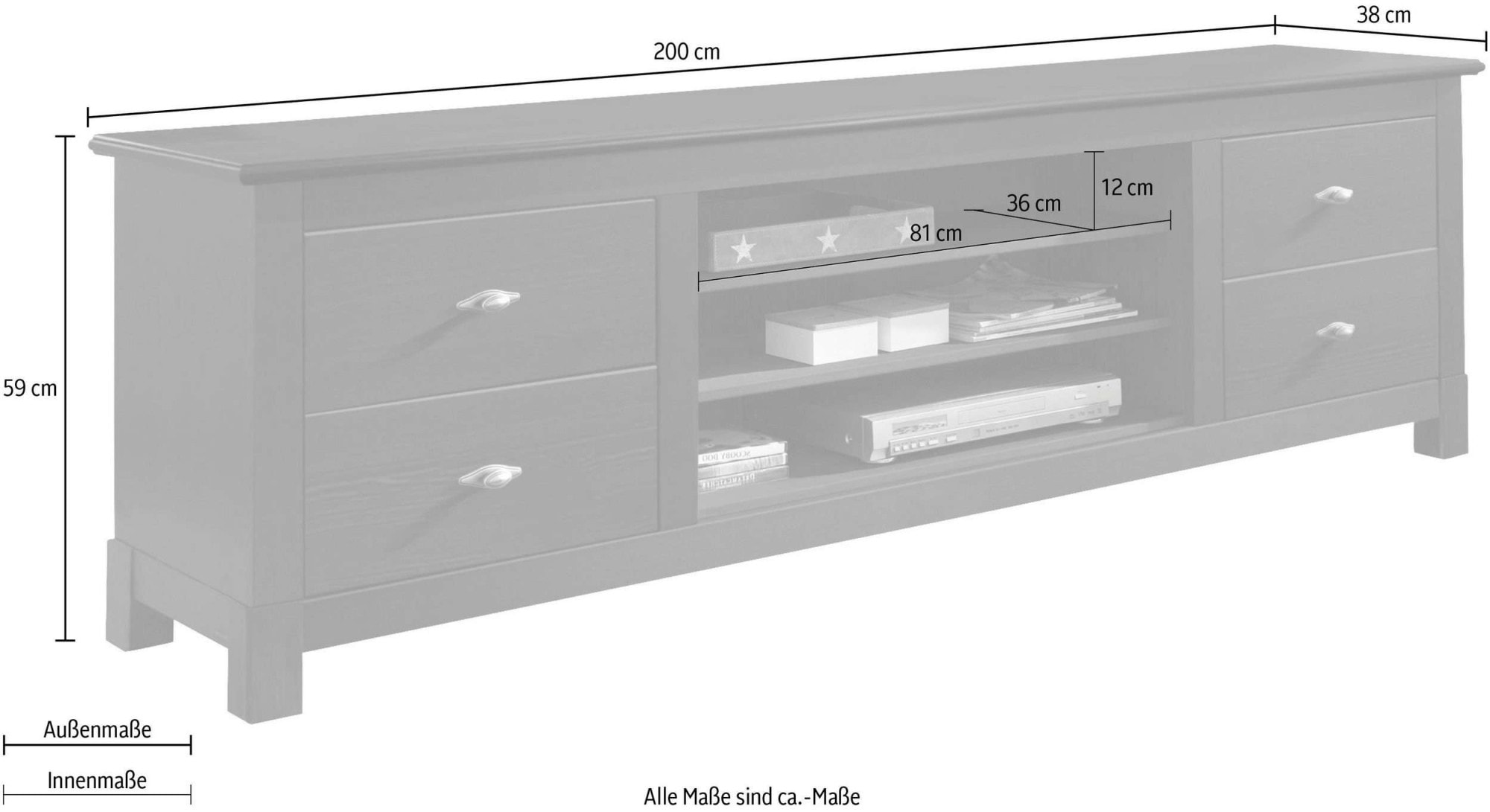 OTTO home Lowboard »Rauna, TV-Bank, TV-Kommode, Landhausstil« Breite 200 cm, FSC®-zertifiziertes Massivholz, Kiefer
