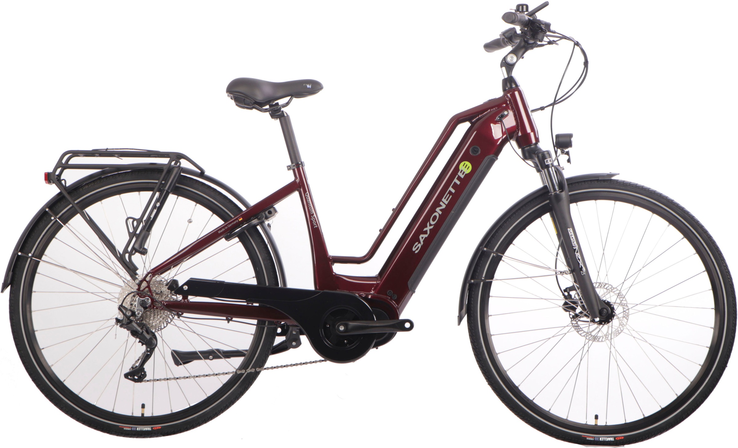 E-Bike SAXONETTE "Quantum Sport" Gr. 45, rot (bordeaux, schwarz), Elektrofahrräder, 45cm, 28 Zoll (71,12cm), Pedelec, Elektrofahrrad für Damen u. Herr