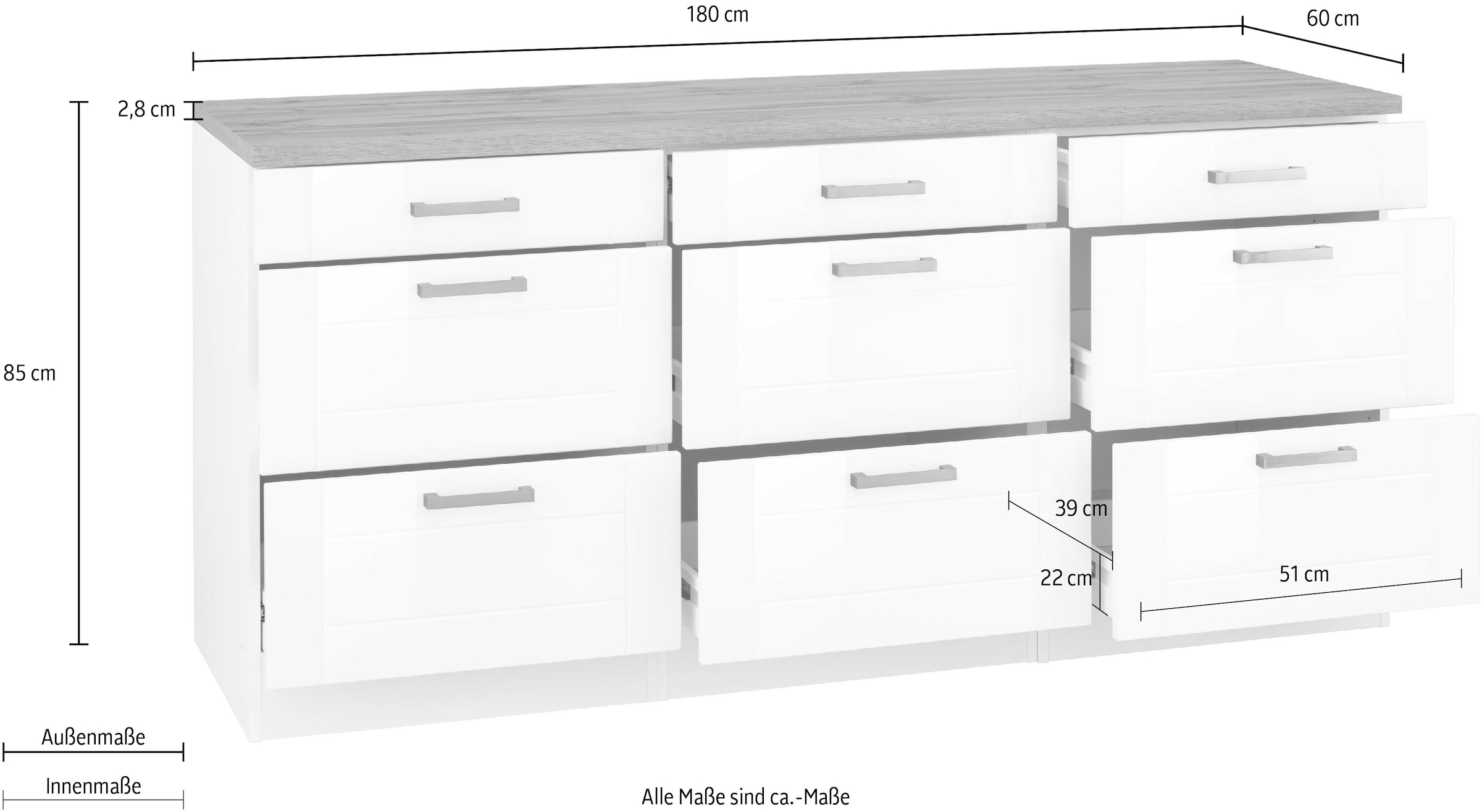 KOCHSTATION Unterschrank »KS-Tinnum«, 180 cm breit, Metallgriffe, MDF Fronten, mit 3 Schubkästen, 6 Auszüge