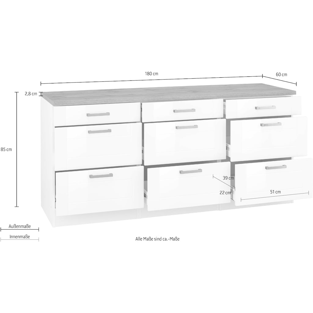 HELD MÖBEL Unterschrank »Tinnum«, 180 cm breit, Metallgriffe, MDF Fronten, mit 3 Schubkästen, 6 Auszüge