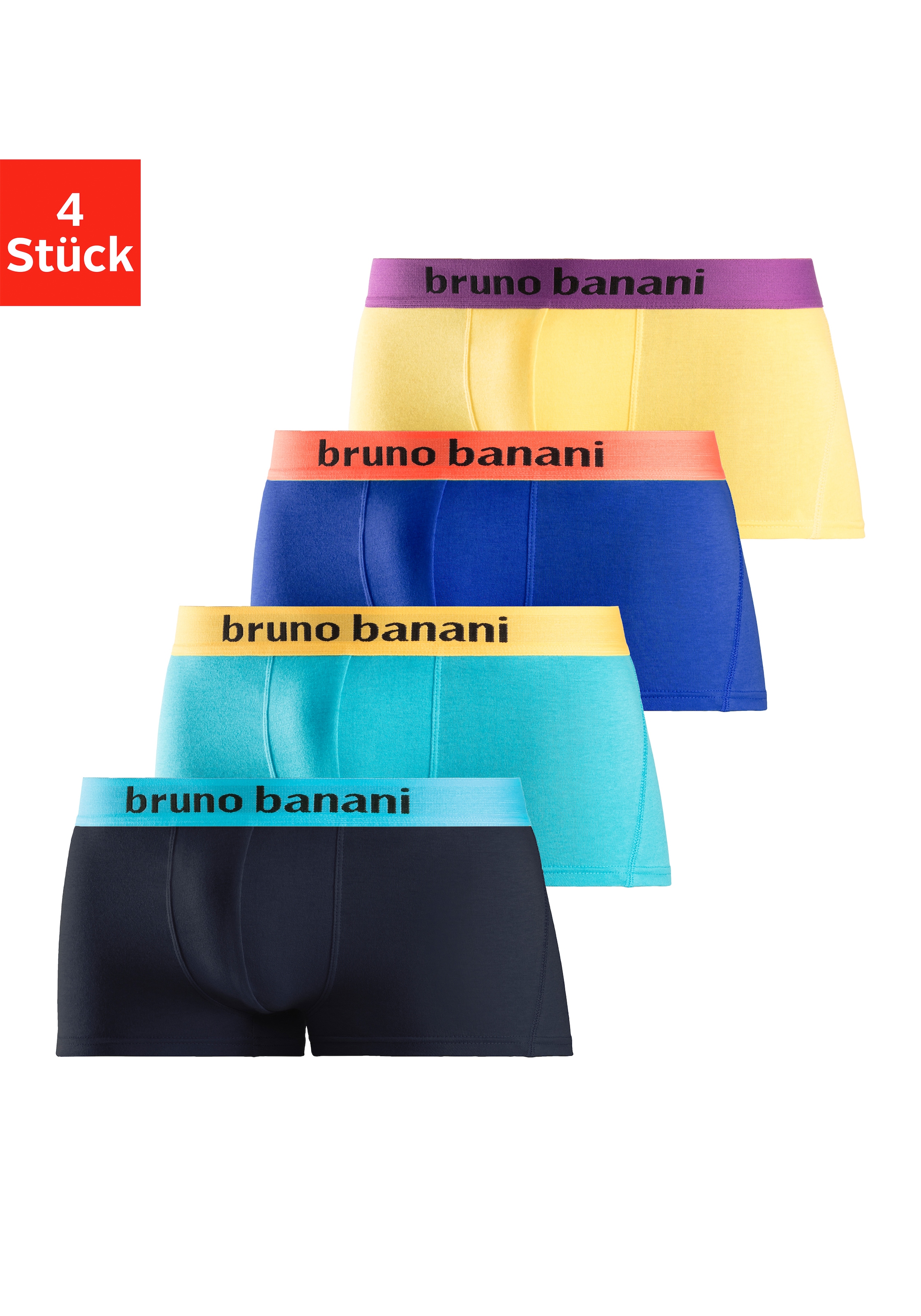 Bruno Banani Hipster, (Packung, 4 St.), knapp sitzende Boxershorts mit Logo Webbund aus Baumwollmischung