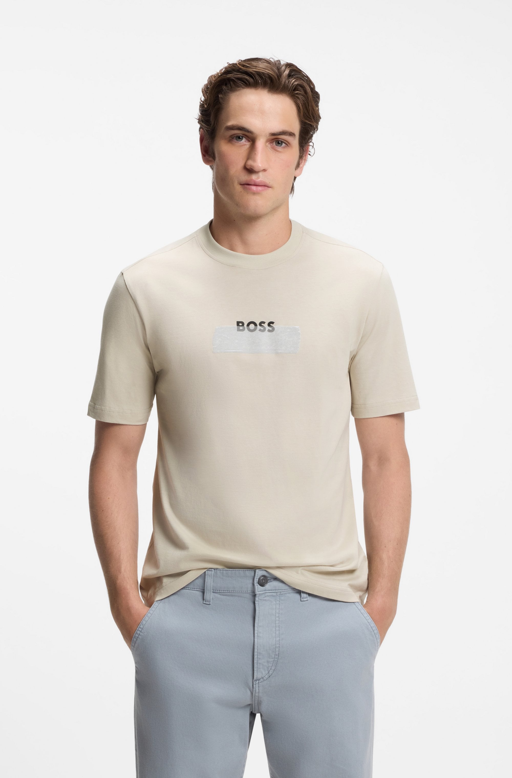 BOSS ORANGE T-Shirt "Te LogoTape Regular Fit" Rundhalsausschnitt, reine Baumwolle, Logo-Print