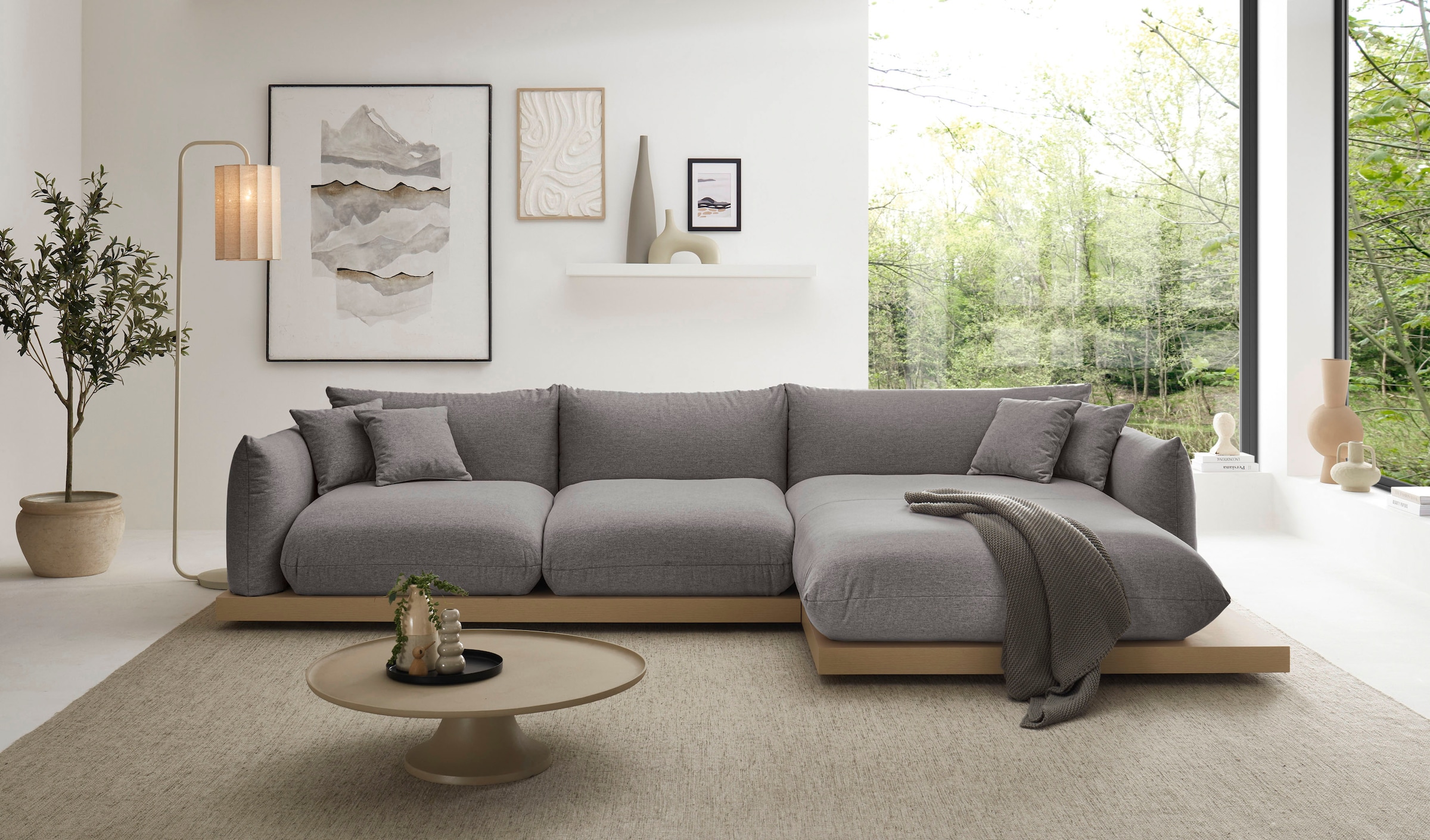 OTTO home Ecksofa »Kalix, Polsterecke mit kräftigem Holz-Plateau, moderne Couch in L-Form«, wahlweise Recamiere links o. rechts, Strukturstoff, hoher Sitzkomfort