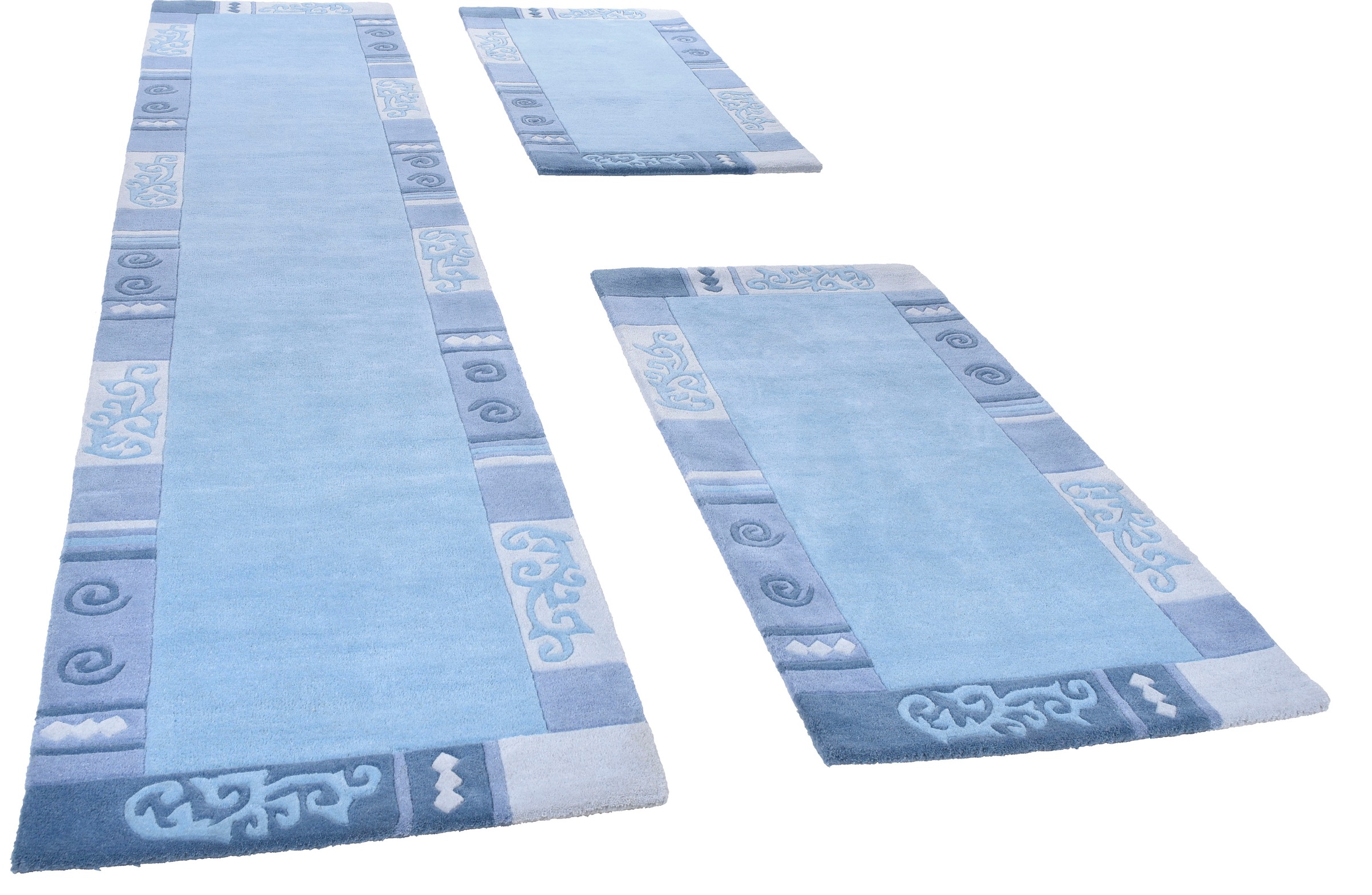 Bettumrandung THEKO, H:14mm, blau, Obermaterial: 100% Schurwolle, Schlafzimmer, Bettumrandungen, "Ambadi", Bettvorleger, reine Wolle, mit Bordüre,