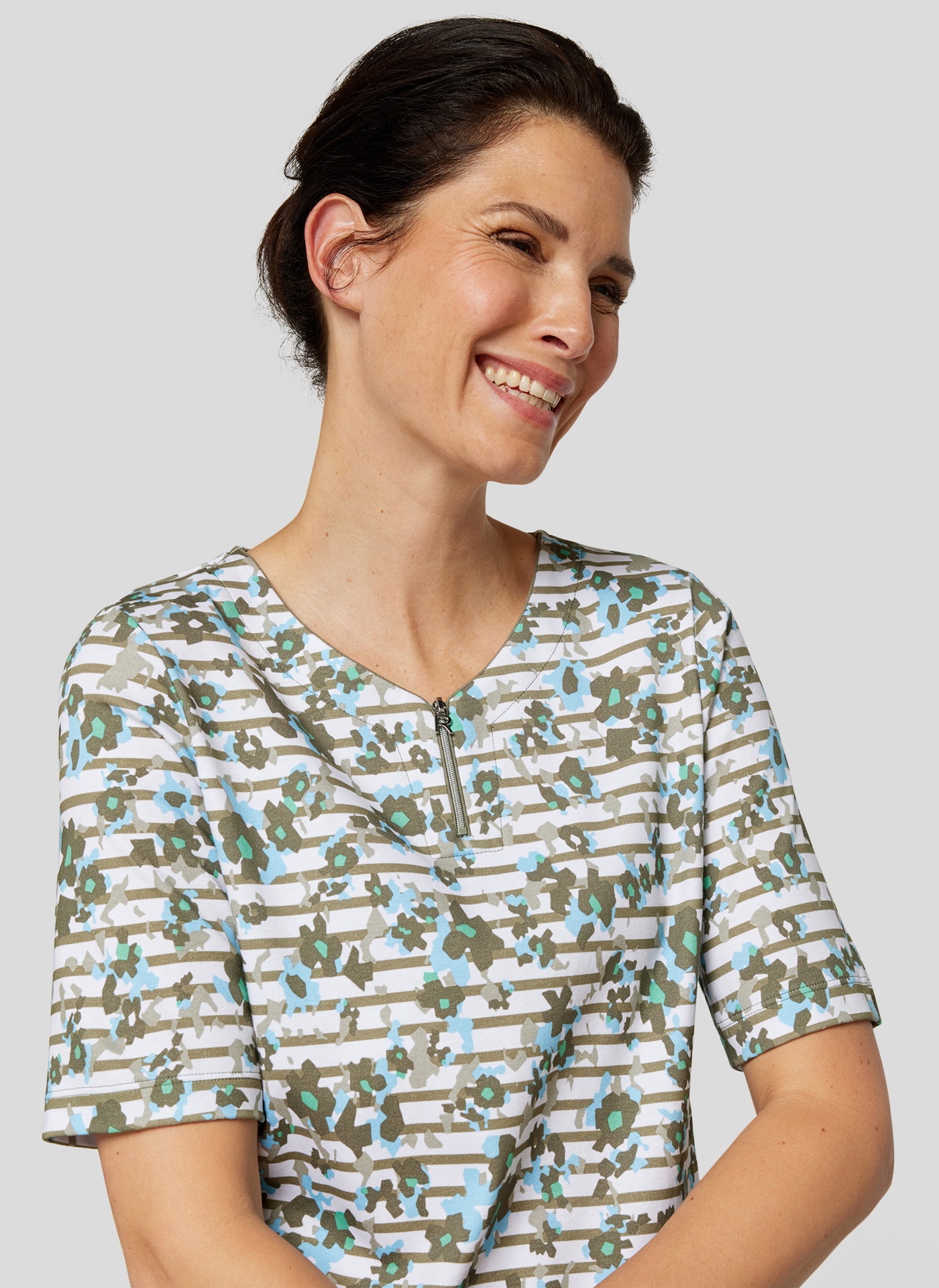 Rabe Rundhalsshirt, mit Reißverschluss und floralem Muster