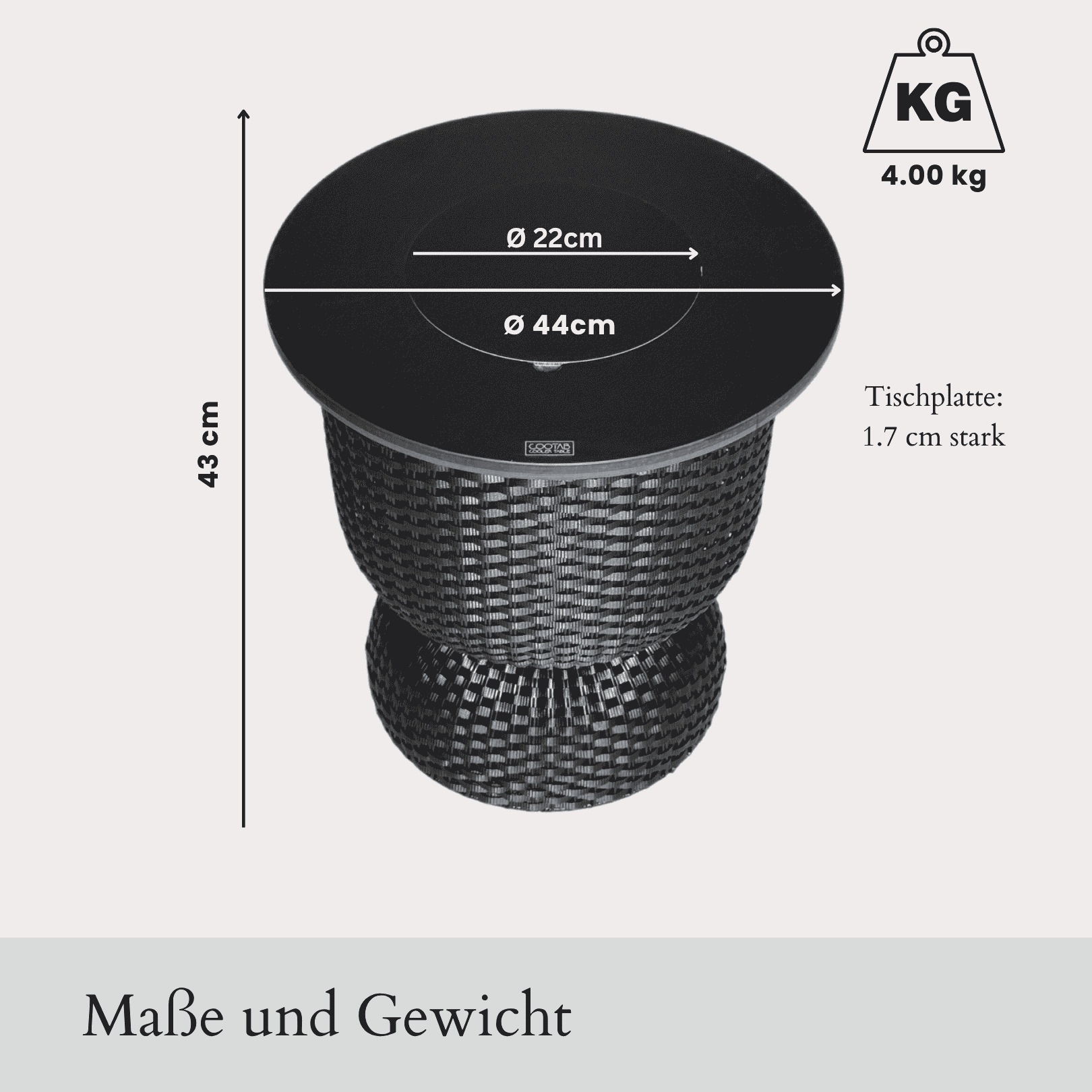 COOTAB Cooler Table Beistelltisch »3-in-1 Loungetisch mit Edelstahl-Kühler Paris 43 cm« 1 Stk. tlg. Wetterfest, Pflegeleicht, Hitzebeständig