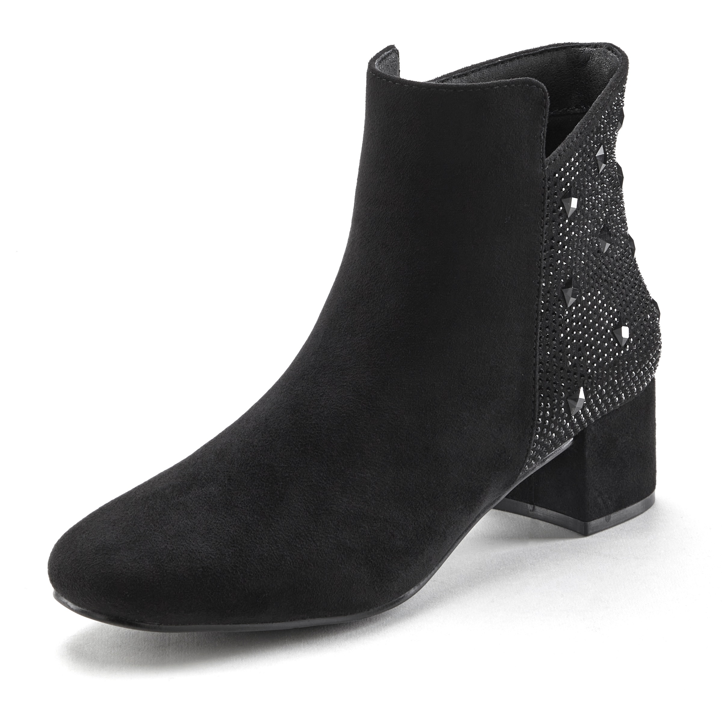 Stiefelette LASCANA, Damen, Gr. 35, schwarz (schwarz, glitzer), Textil, Glitzer, unifarben, Schuhe Stiefelette, mit raffiniertem Detail und Blockabsatz, kurzer Stiefel VEGAN 3