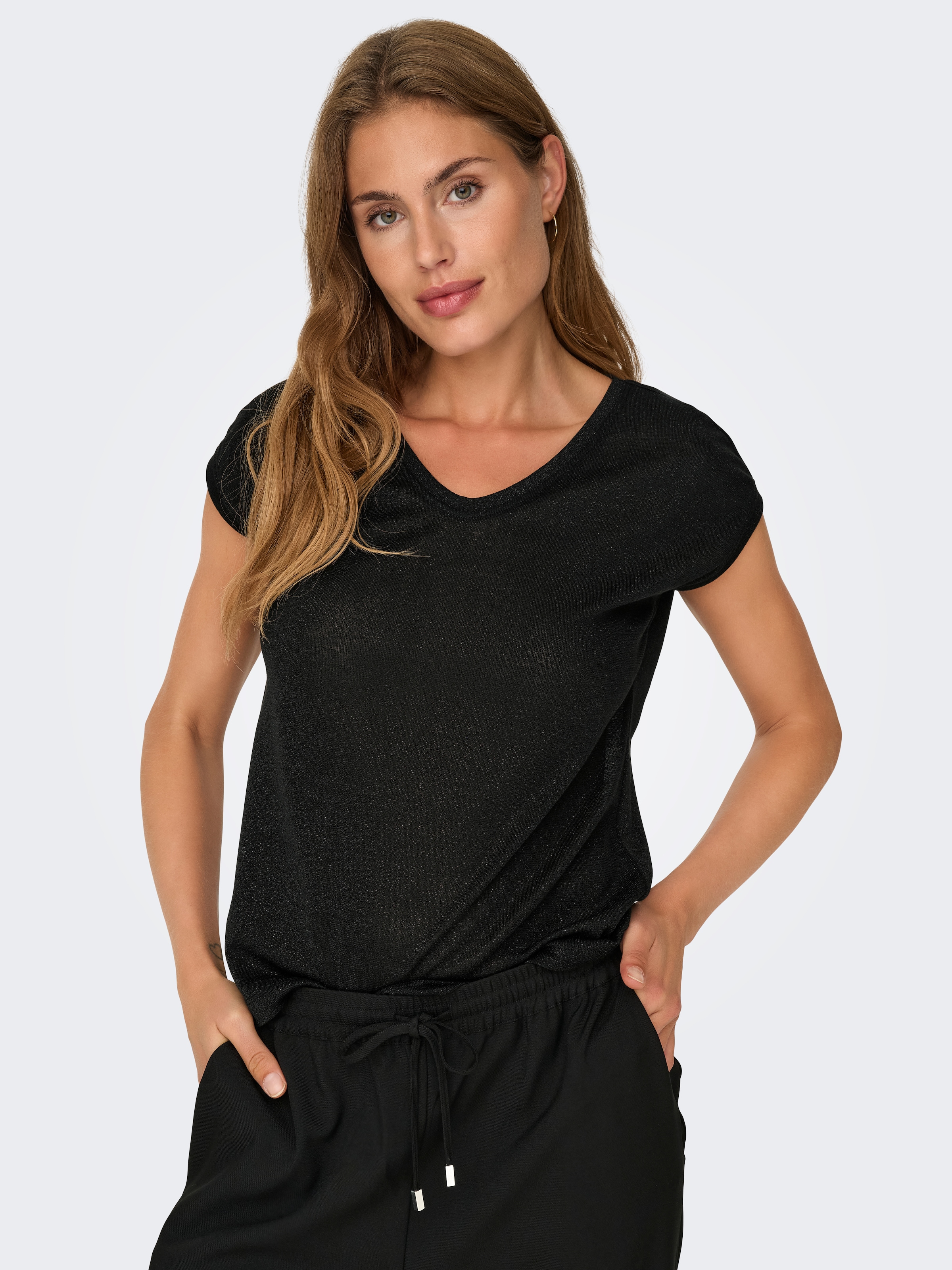 ONLY Kurzarmshirt "ONLSILVERY S/S V NECK LUREX TOP JRS NOOS" Materialmix mi günstig online kaufen