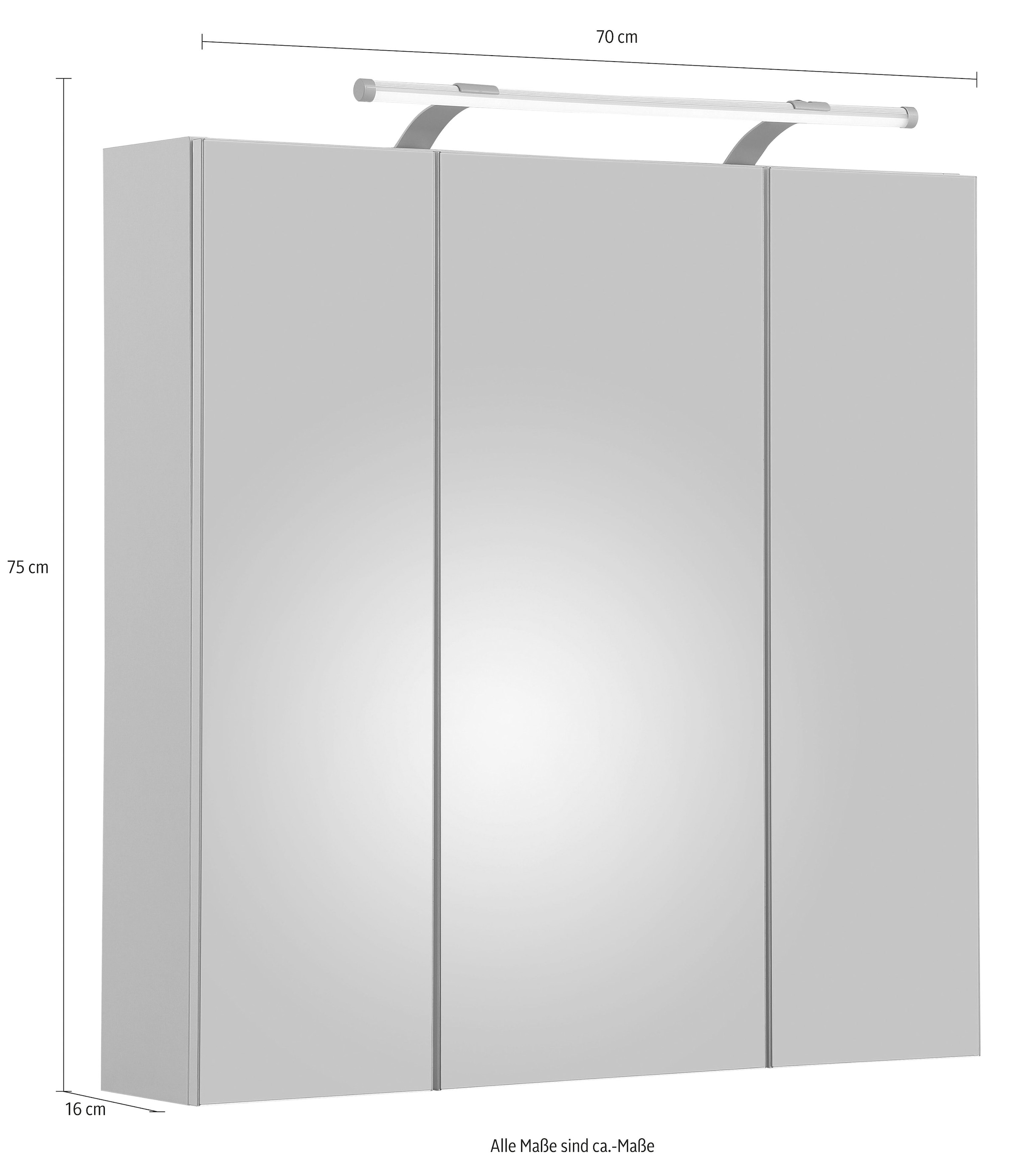 Schildmeyer Spiegelschrank »Dorina, mit höhenverstellbaren Glasböden made in Germany«, Breite 70 cm, 3-türig, LED-Beleuchtung, Schalter-/Steckdosenbox