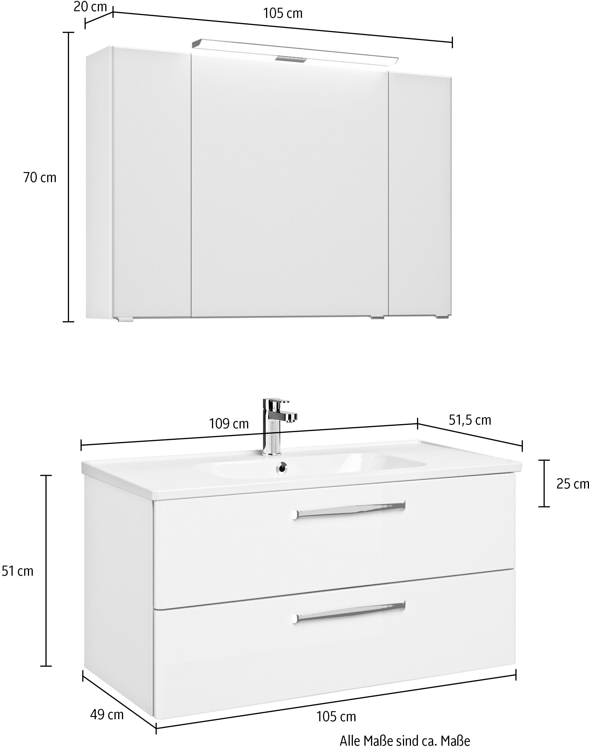 Saphir Badmöbel-Set »Trentino 2-teilig Keramik-Waschtisch, Spiegelschrank mit LED-Leuchte«, (3 St.), Badmöbel-Set 109cm breit, inkl. Türdämpfer, 3 Türen, 2 Auszügen