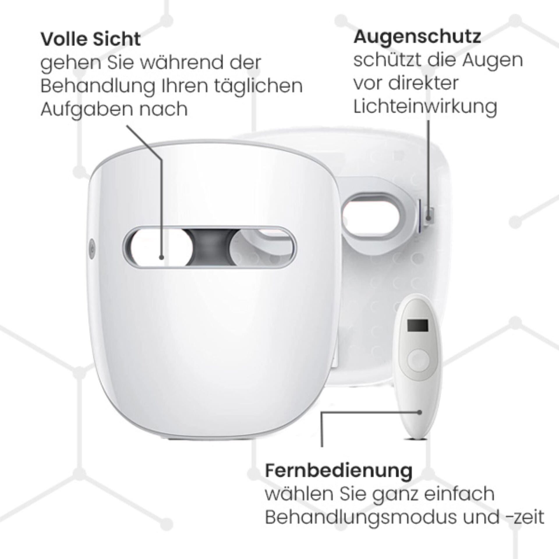 TensCare Gesichtsmassagegerät »Glowmask Gesichtsmakse mit LED«, (5 tlg., LED Maske inkl. Fernbedienung, USB-Ladekabel und Reisetasche), Drei Lichtarten für gezielte Hautpflege