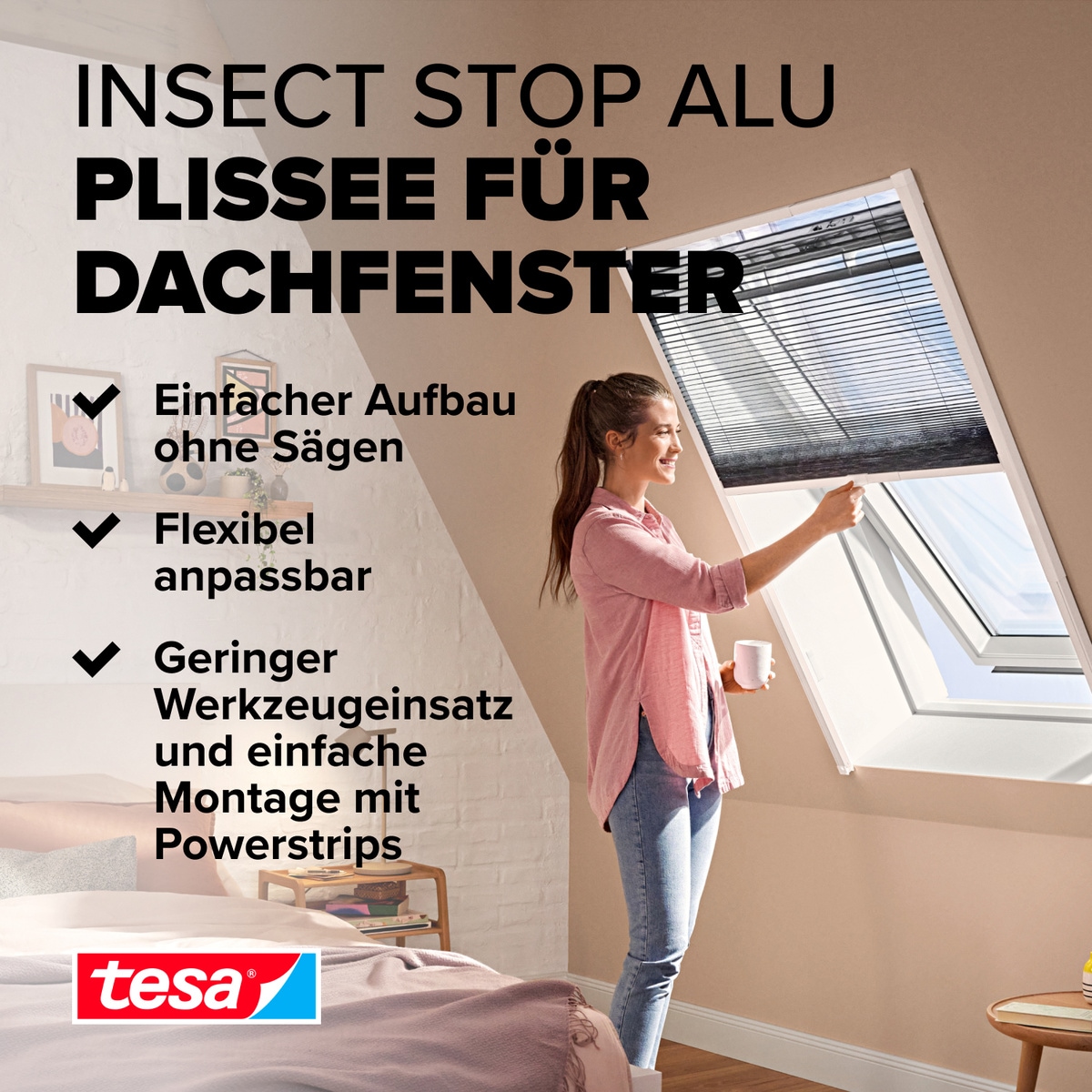 tesa Insektenschutz-Fensterrahmen »Insect Stop Alu-Insektenschutzrollo teleskopierbar - 1,3 x 1,5 m«, speziell für Dachfenster - Insektenschutz Plissee - ohne Bohren, weiß