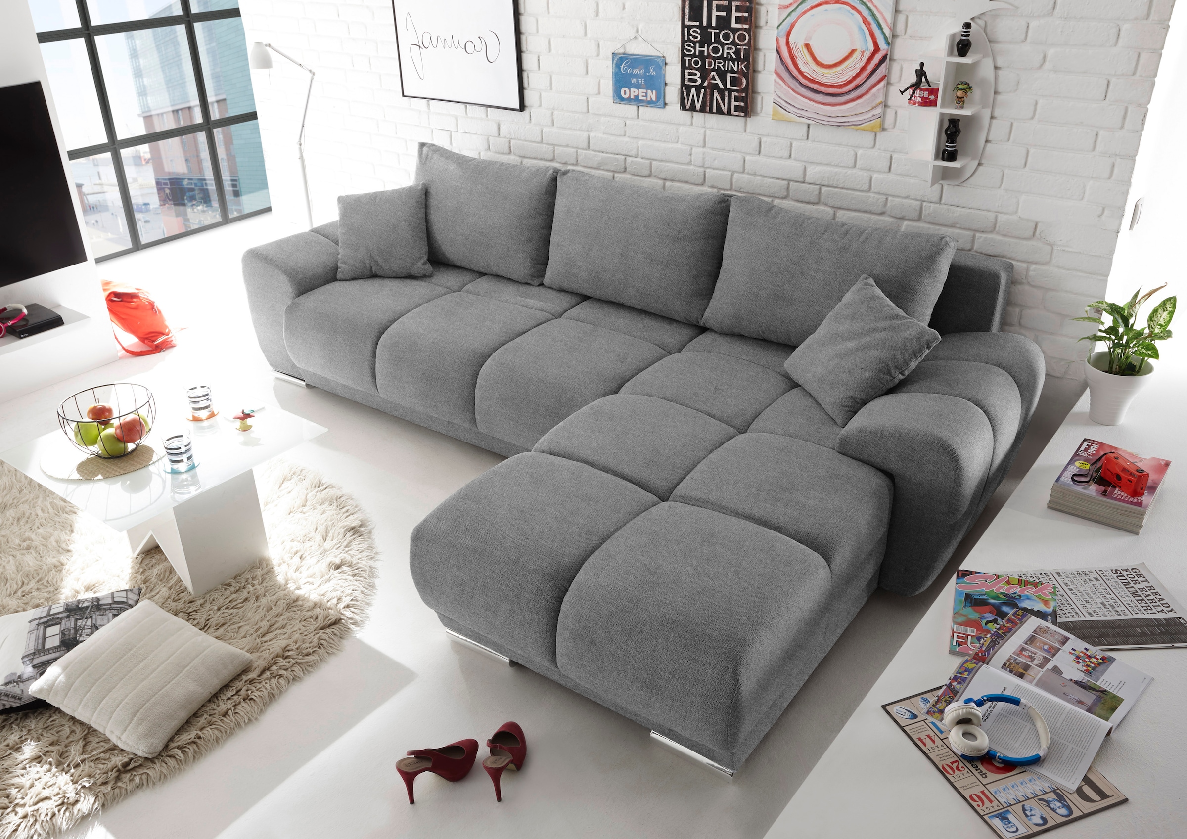 Sofa bed “Anton”, with bed function, bed box, back and decorative cushions, can be set up universally and can be freely positioned in the room