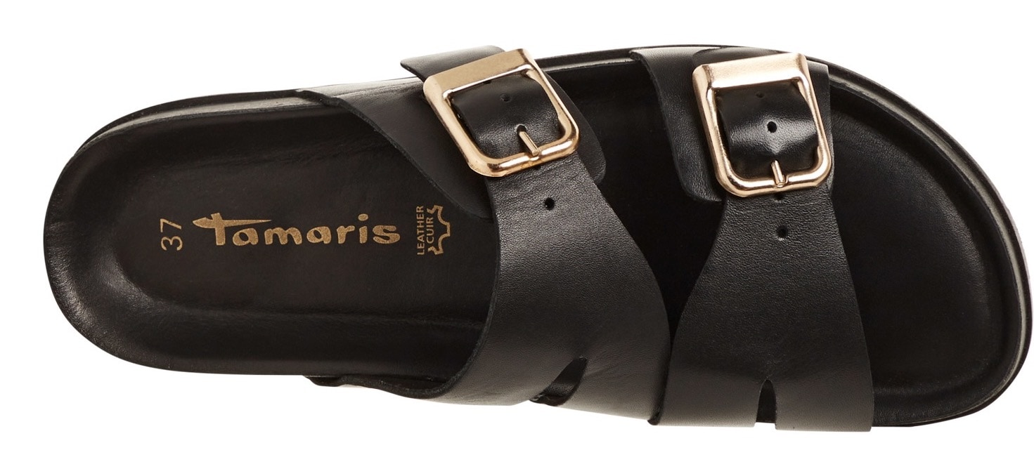 Tamaris Pantolette, Plateau, Sommerschuh, Strandschuh mit goldfarbenen Schnallen