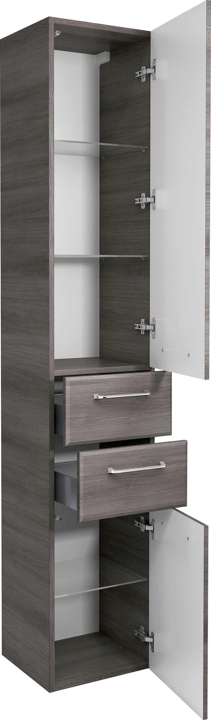 Saphir Hochschrank »Quickset Badschrank 35 cm breit, 2 Türen, 2 Schubladen, 3 Einlegeböden«, Badezimmer-Hochschrank inkl. Türdämpfer, Griffe in Chrom glänzend