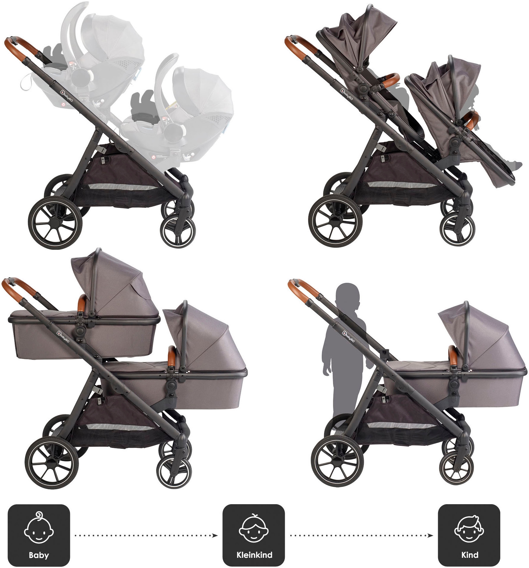BabyGo Zwillingswagen »Duo«, inklusive Babywannen, Babyschalen, Regebezüge & Wickeltasche