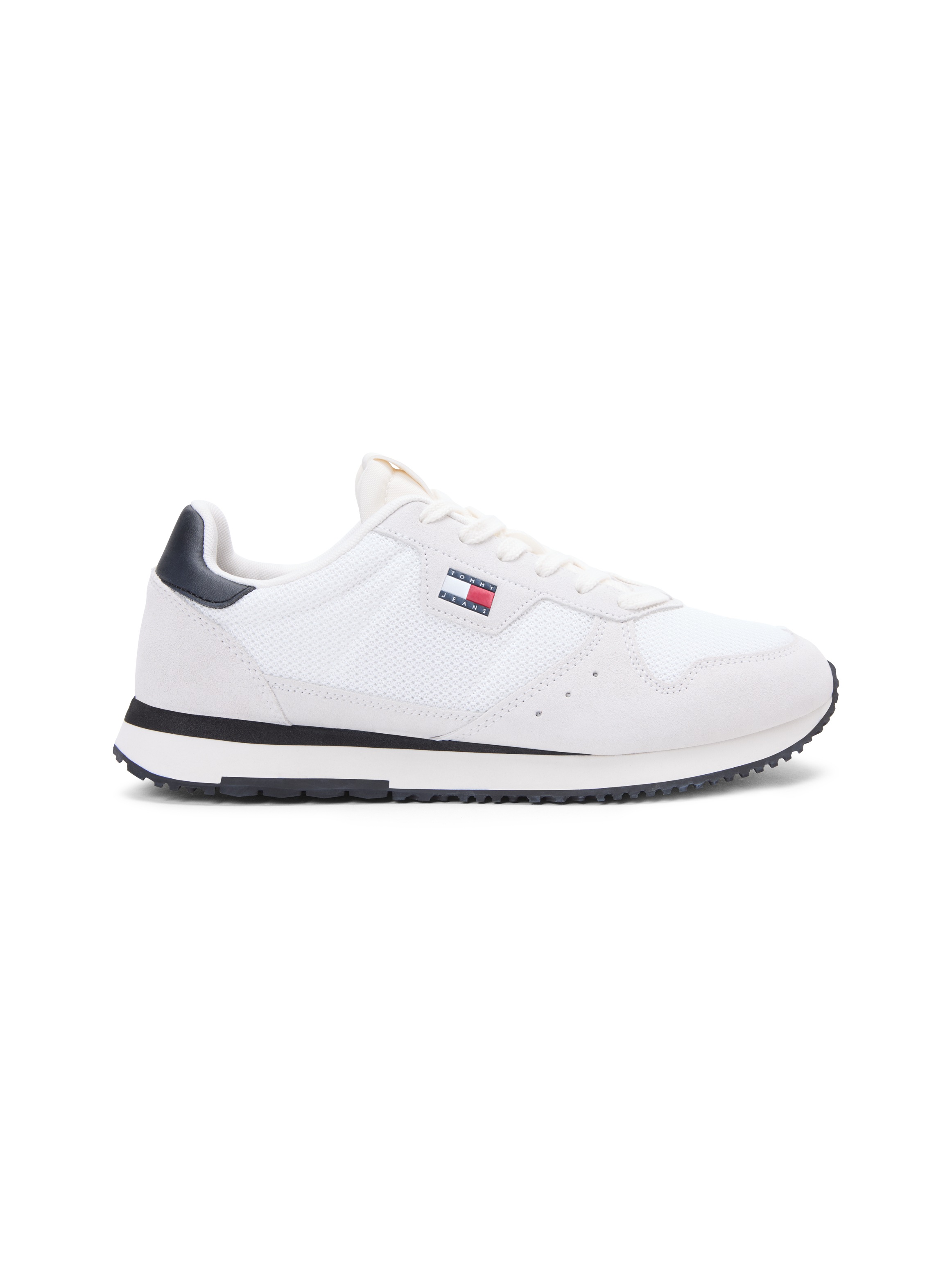 Sneaker TOMMY JEANS "TJM EVA RUNNER LEATHER", Herren, Gr. 46, ecru, schwarz, Textil, Veloursleder, kontrastfarbene Details, Schuhe Sneaker, Freizeitschuh, Halbschuh, Schnürschuh mit seitlicher Logoflagge 3