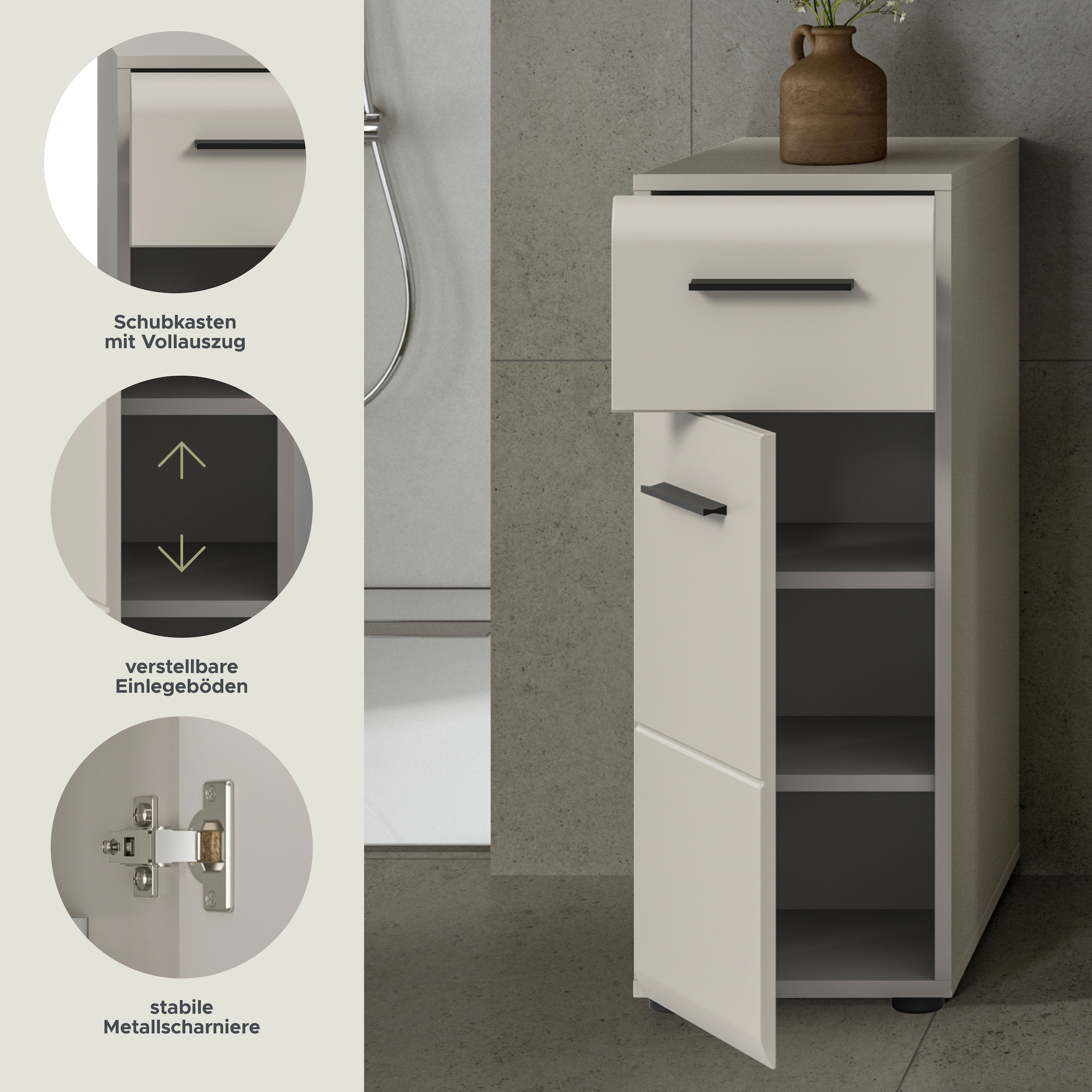 welltime Unterschrank »FLORENZ,  Höhe 80 cm, 1 Tür, 1 Schubkasten« TOPSELLER!, 1 Stk. tlg. Türanschlag wechselbar, hochwertige MDF Front, Badschrank, Bad
