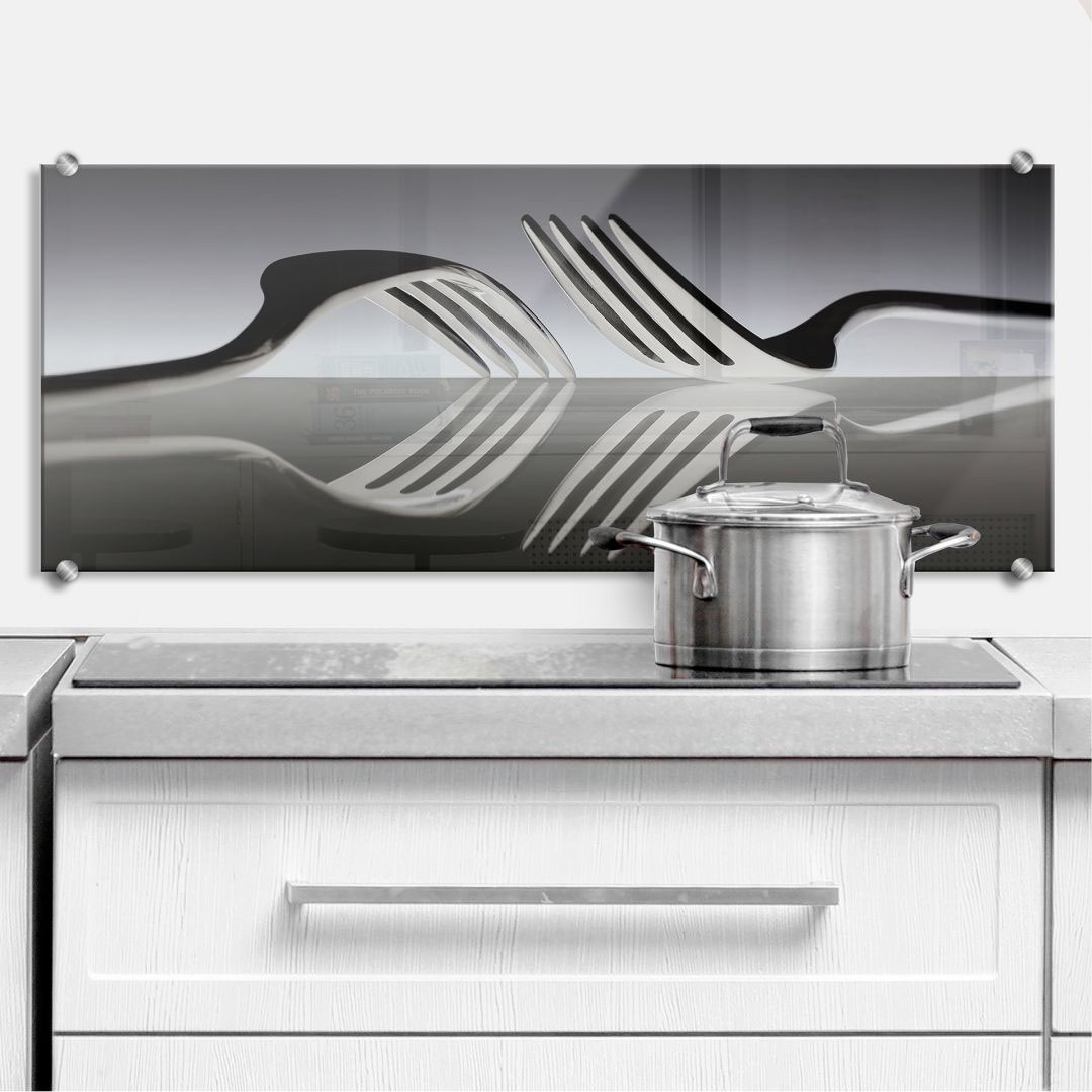 Wall-Art Küchenrückwand »Silber Besteck Panorama«, (1 tlg.), Herd Waschbecken Wandschutz