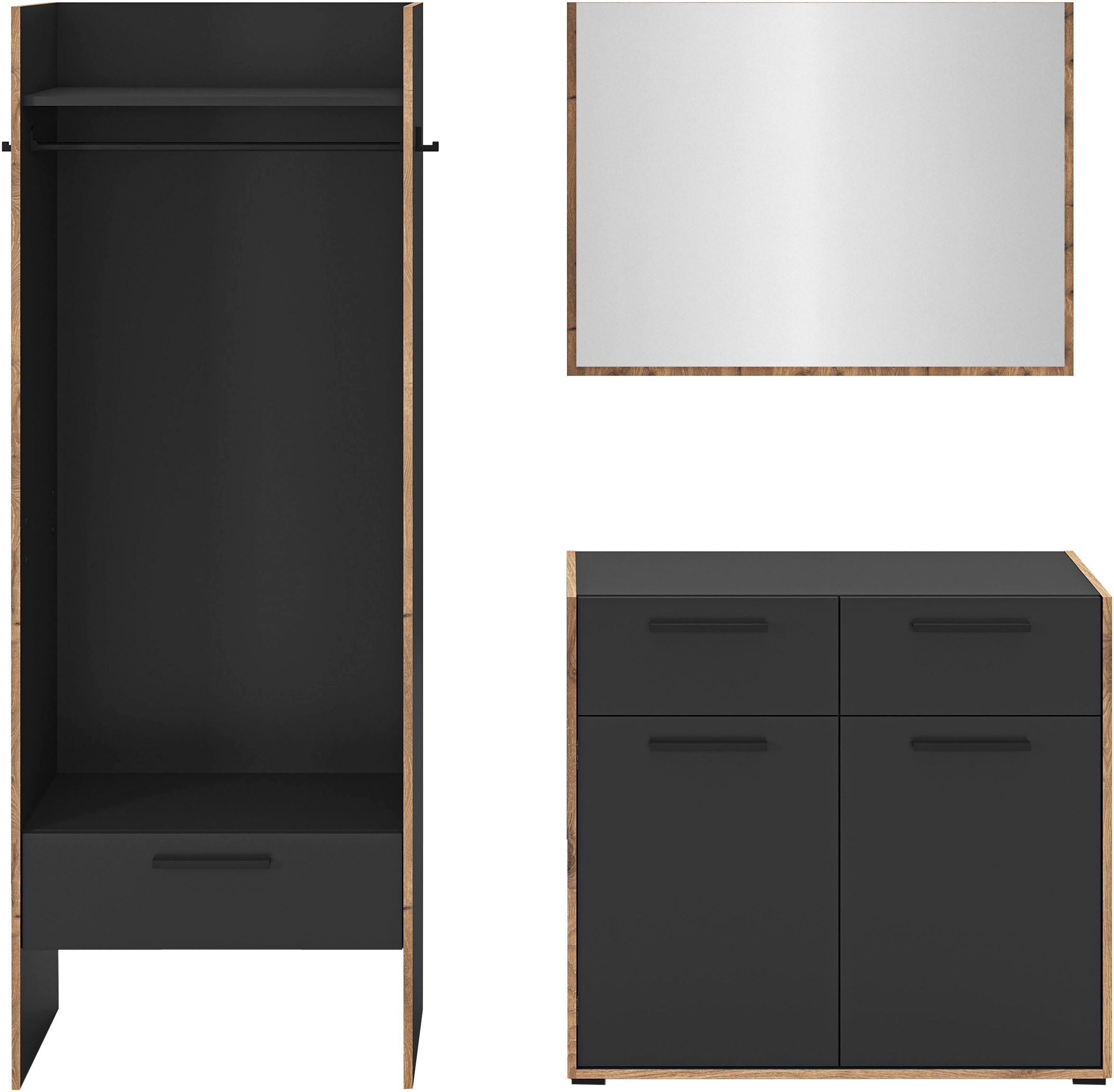 INOSIGN Garderoben-Set »MUSTA, 3-teilig: Garderobenschrank, Kommode & Garderobenspiegel«, Kombination, Kompaktgarderobe, Garderobenkombination, Garderobe
