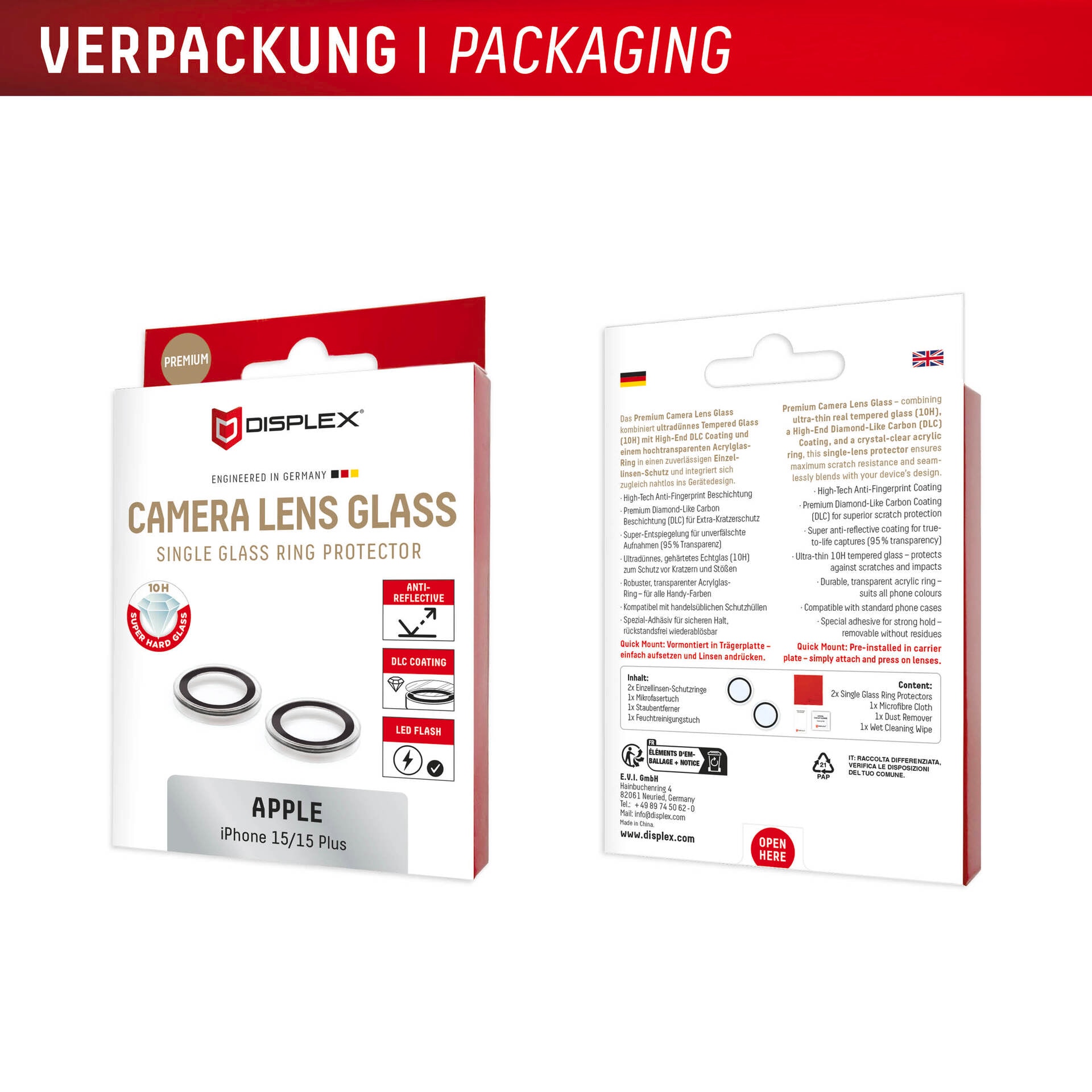 Displex Kameraschutzglas »Camera Lens Glass Single Glass Ring Protector«, für Apple iPhone 15-Apple iPhone 15 Plus, (Packung, 2x Einzellinsen-Schutzringe), Objektivschutz, Kameraschutz, kratz- & stoßfest
