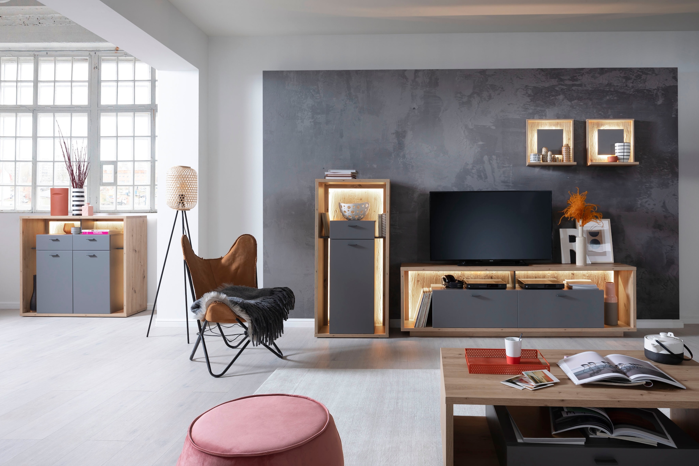MCA furniture Wohnwand »Lizzano«, (Set, 4 St.), im modernen Landhausstil mit 3-D Rückwand, wahlweise mit Beleuchtung
