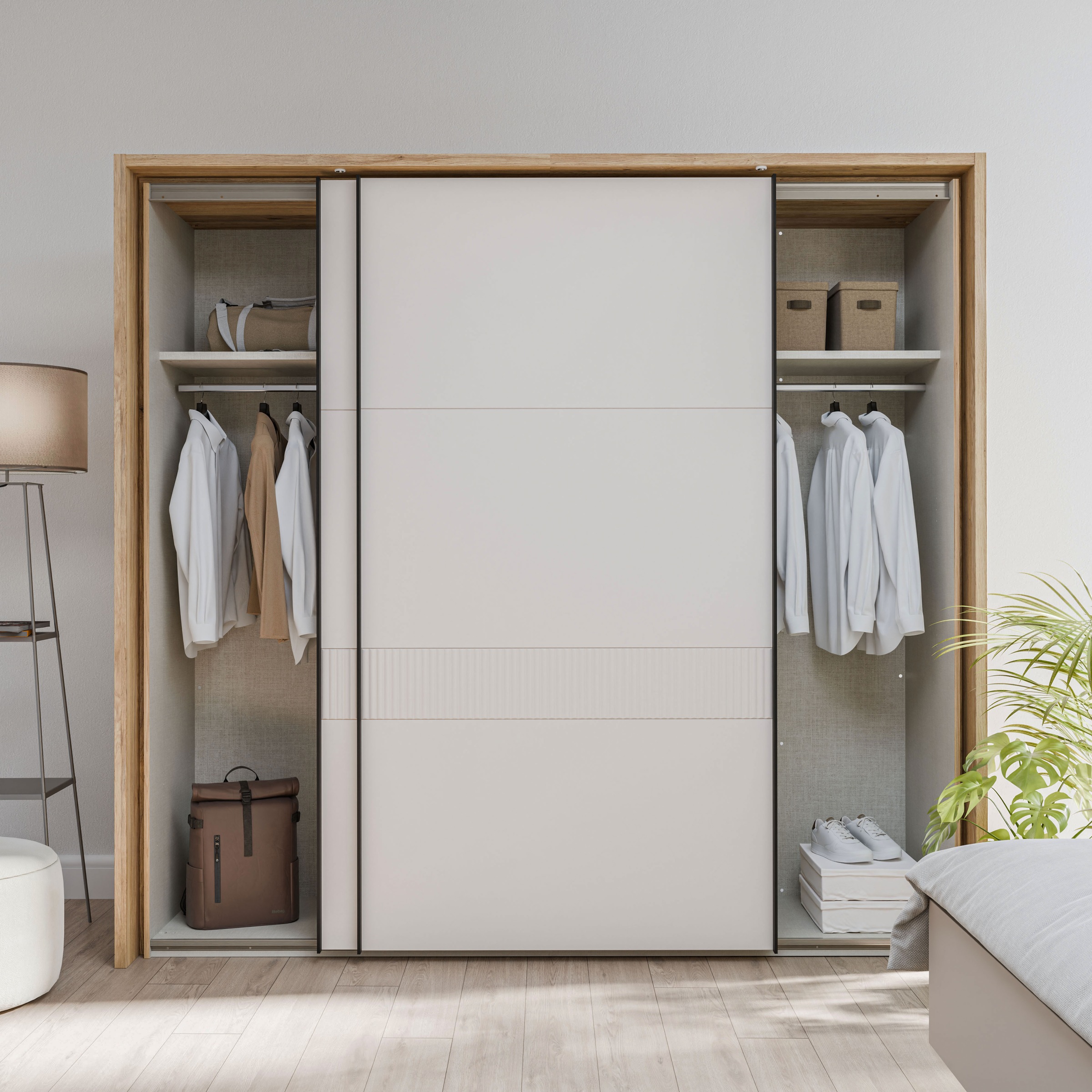 FORTE Schwebetürenschrank »Forte Seravel Schwebetürenschrank, Lamellenoptik, inkl. Beleuchtung« B/H/T 231,1/215,9/63,8 cm, Zubehör optional bestellbar