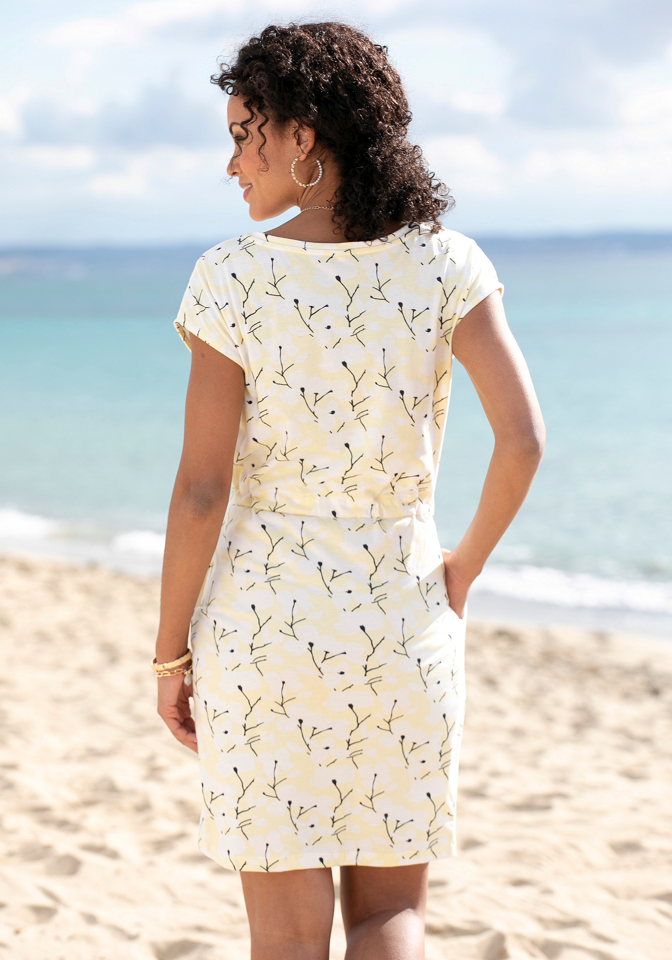 Thumbnail - Beachtime Jerseykleid Eingrifftaschen mit Blumenmuster und Taschen, Sommerkleid aus Baumwoll-Mix