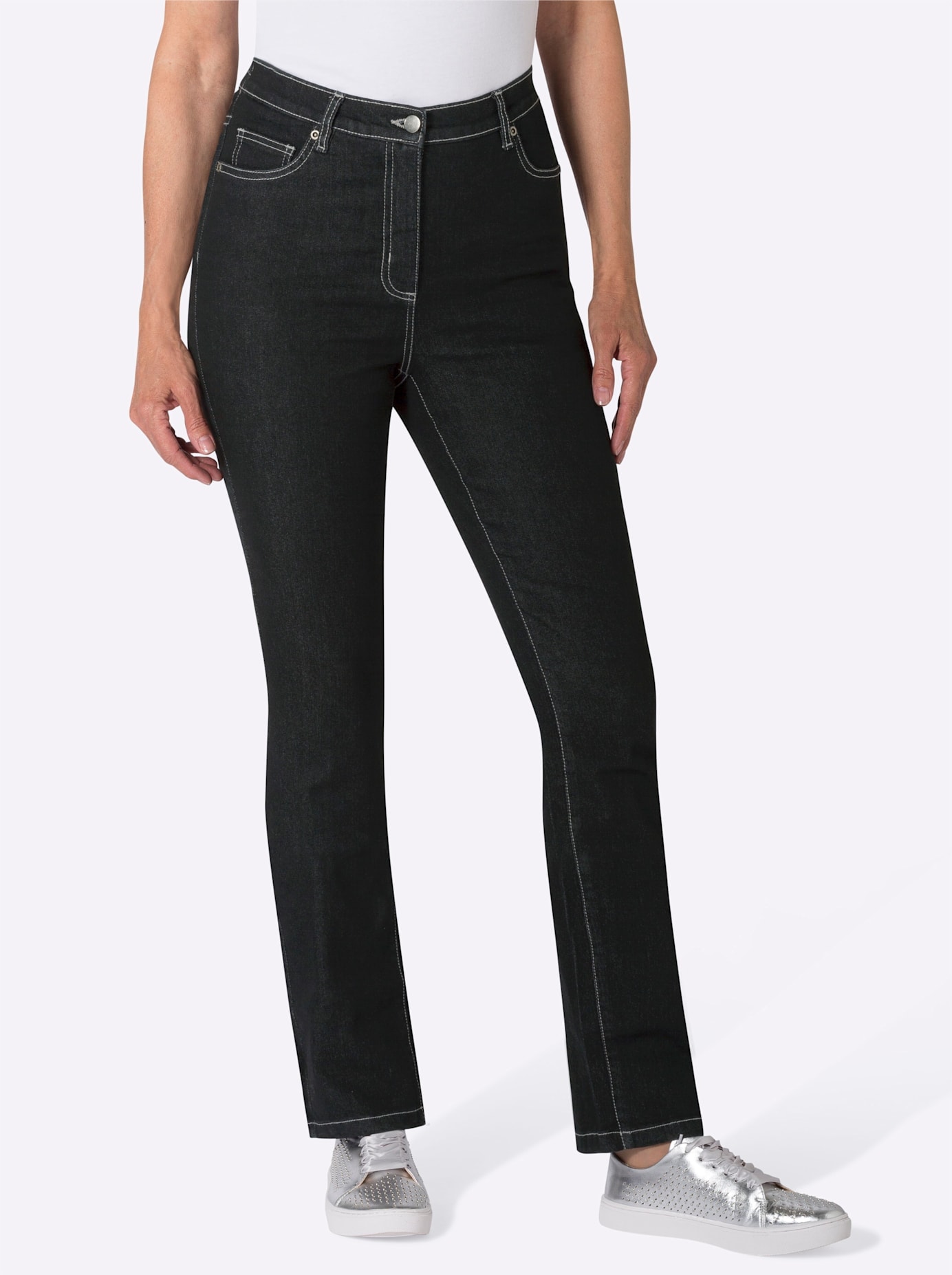 5-Pocket-Jeans CLASSIC BASICS, Damen, Gr. 20, Kurzgrößen, schwarz (schwarz, denim), 81% Baumwolle, 17% Polyester, 2% Elasthan, unifarben, lang, Jeans 5-Pocket-Jeans