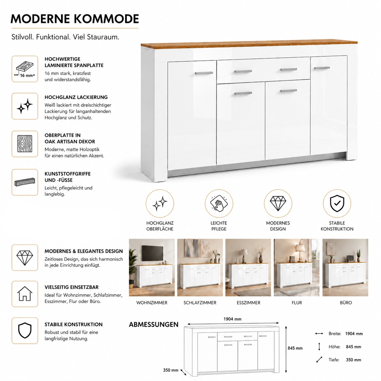 OTTO home Kombikommode »Milan Sideboard, Highboard, Kommode, Schubladenkommode« Breite 190,4 cm, hochglänzende Fronten, 4 Türen, 1 Schublade