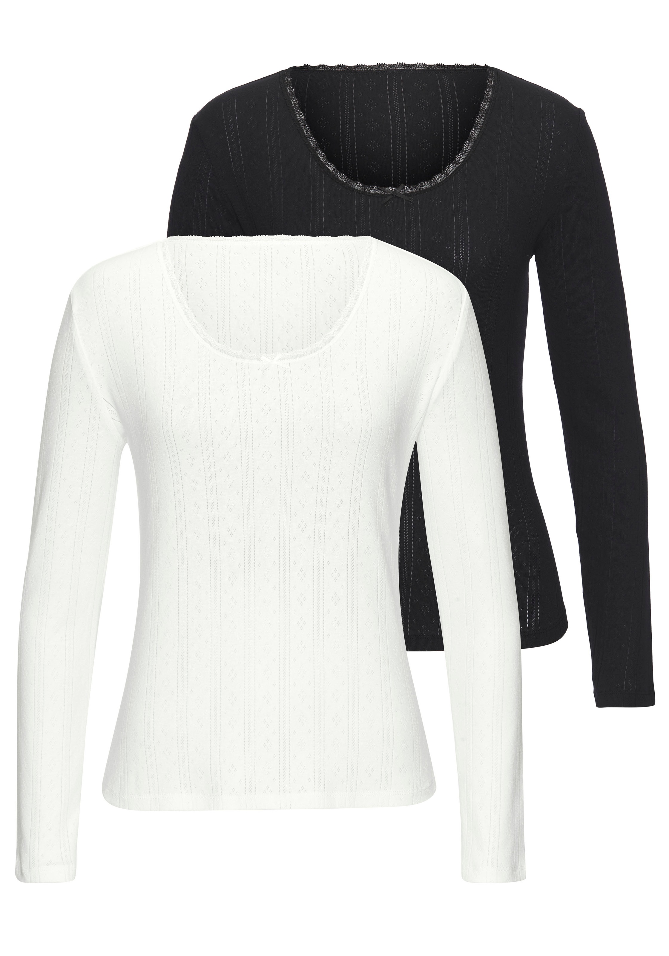 Langarmshirt VIVANCE, Damen, Gr. 44/46, schwarz-weiß (schwarz, creme), Obermaterial: 100% Baumwolle, unifarben, körpernah, Rundhals, Shirts Langarmshirt, aus feiner Pointelle-Ware mit Spitze, reine Baumwolle