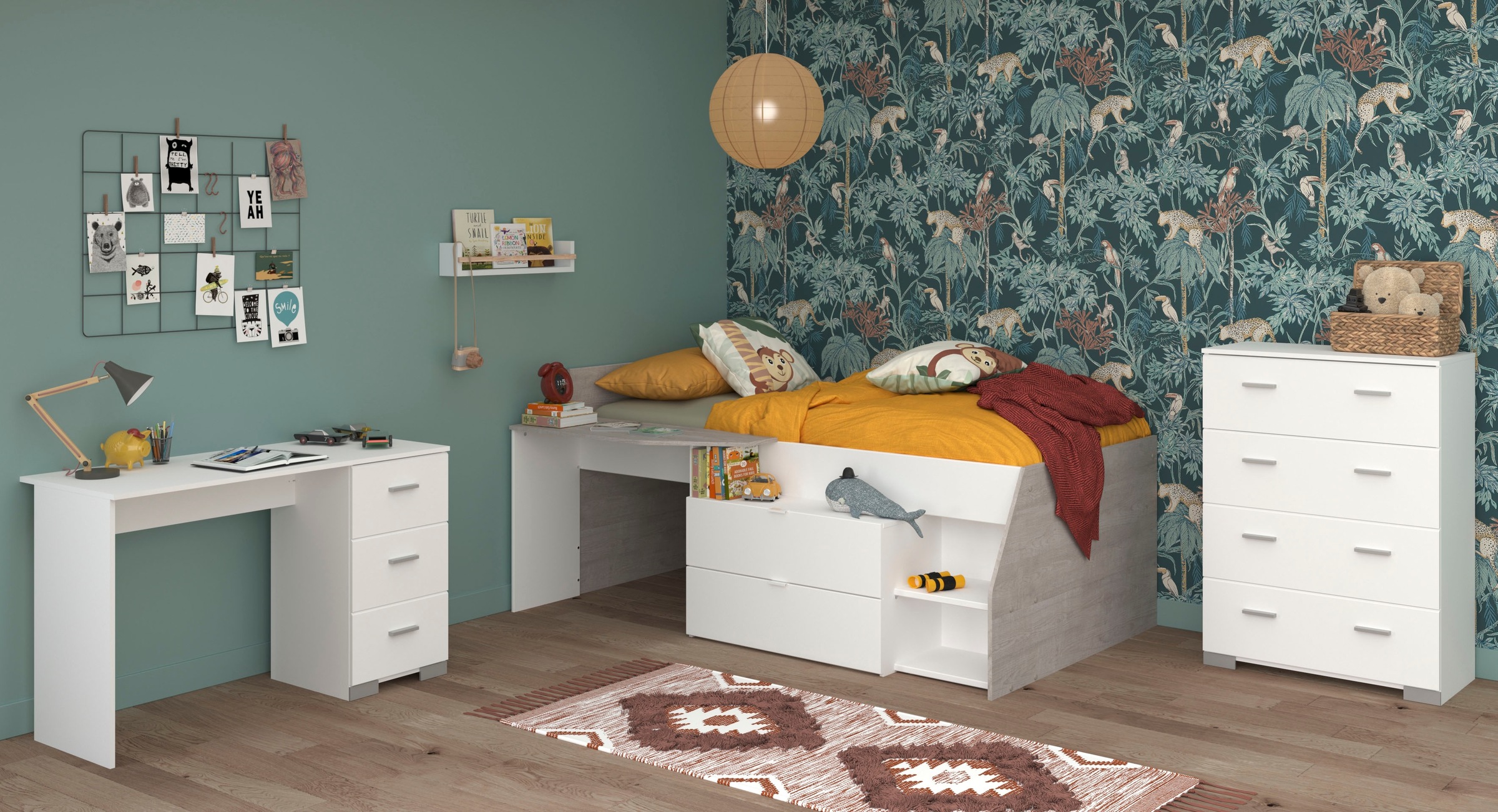 Parisot Jugendzimmer-Set »Parisot Milky 15«, (3 tlg.), viel Stauraum, halbhohes Hochbett