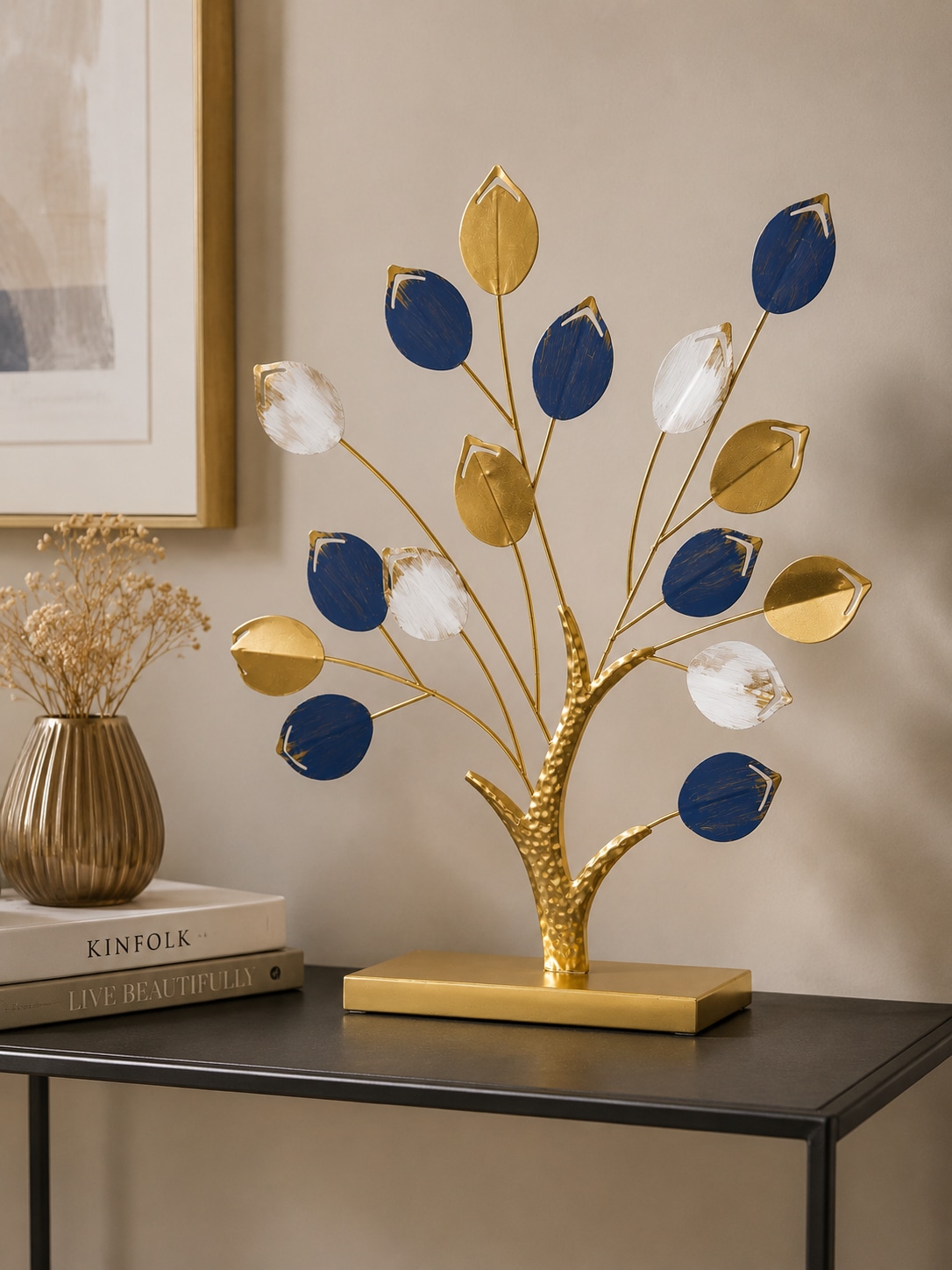 OTTO home Wanddekoobjekt »Tischdeko Baum, Blätter goldfarben, weiß-blau« großes Dekoobjekt aus Metall, ca.52x54cm