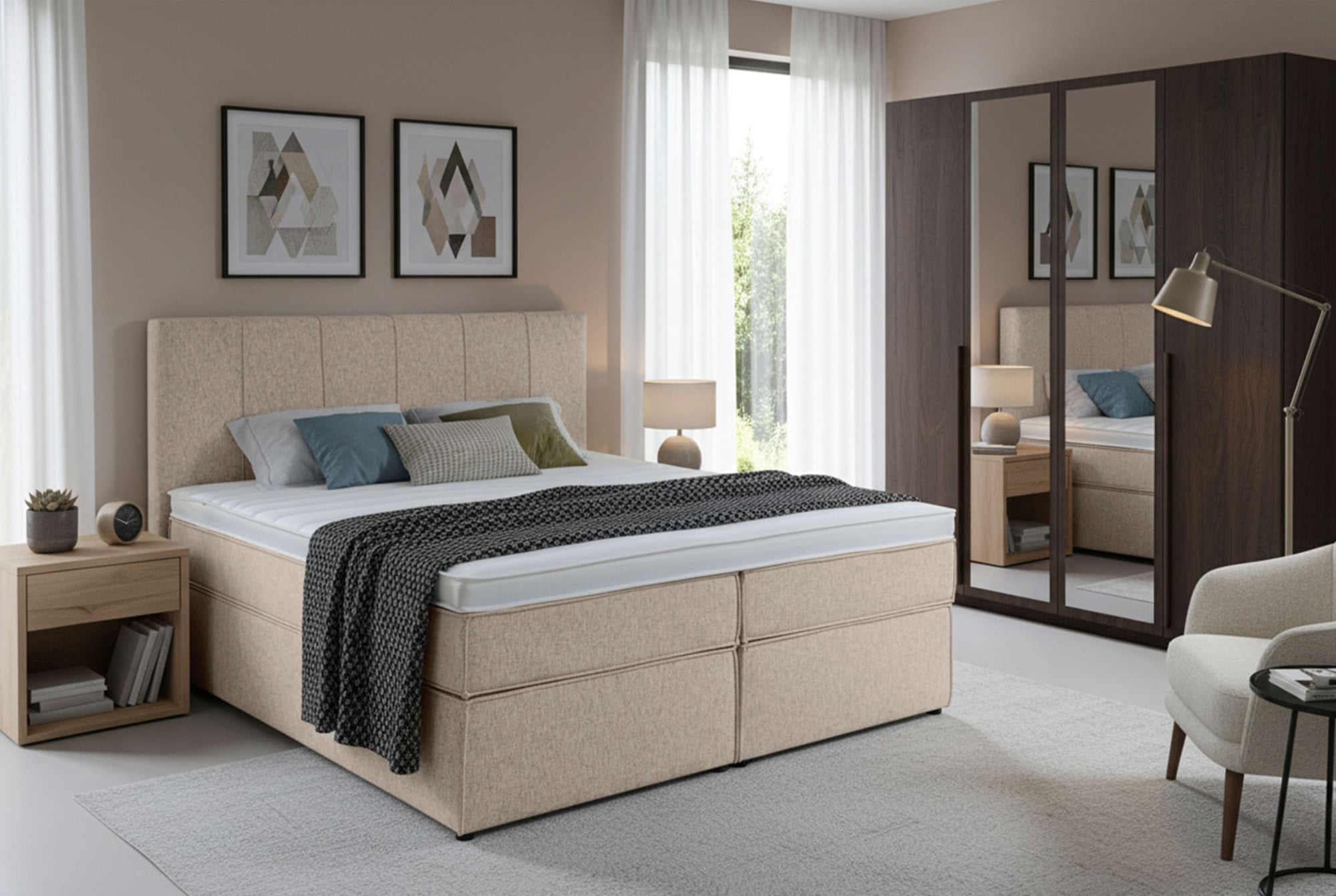 Home affaire Boxspringbett "Leon, Doppelbett, Polsterbett, Federkernbett, Komfortbett, 160, 180 cm" inkl. 9 cm Topper, 5-Zonen-Taschen-Federkernmatratze in H3