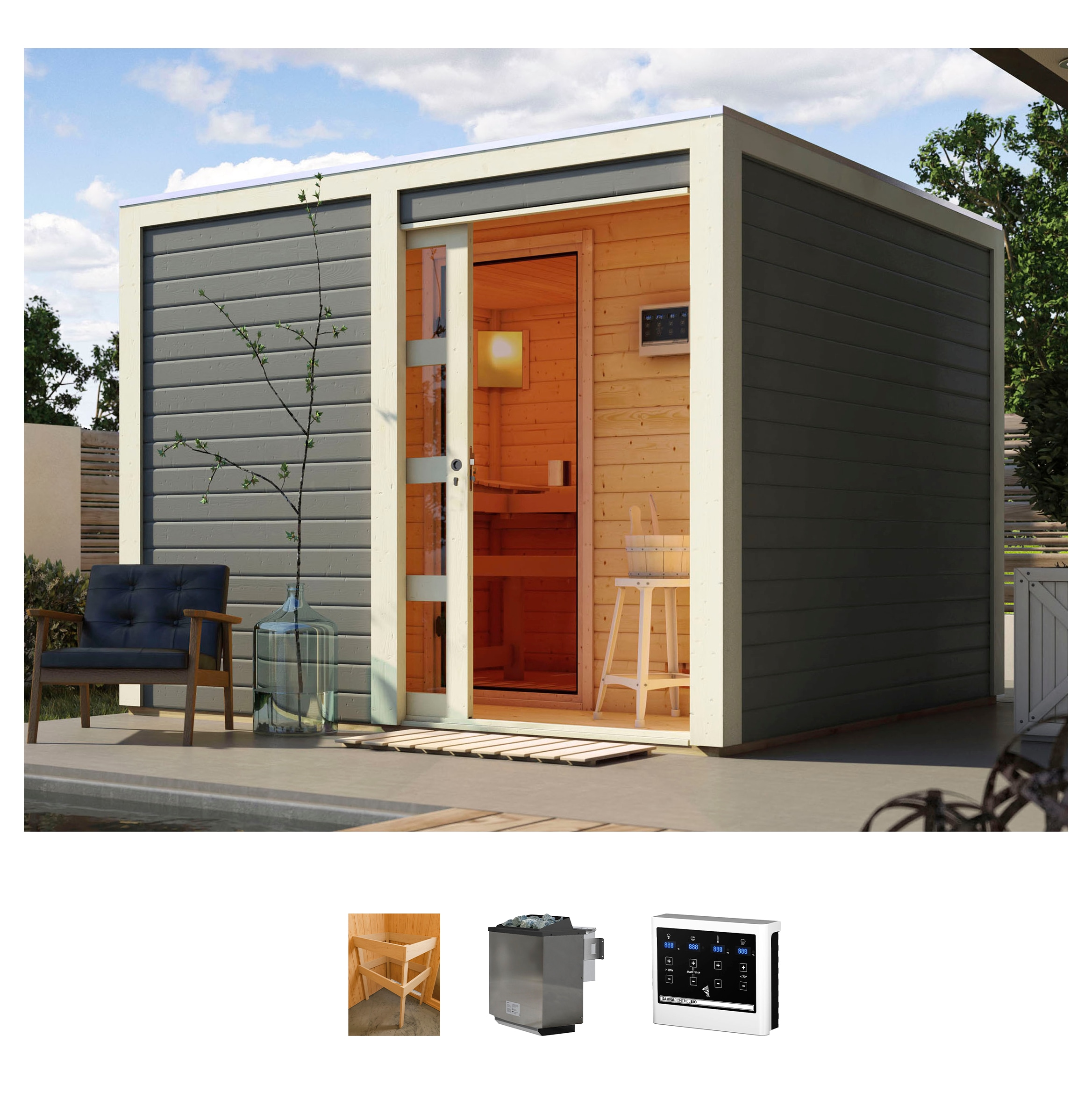 KONIFERA Saunahaus "Ruben" Set, Ofen 9 kW Bio externe Strg easy