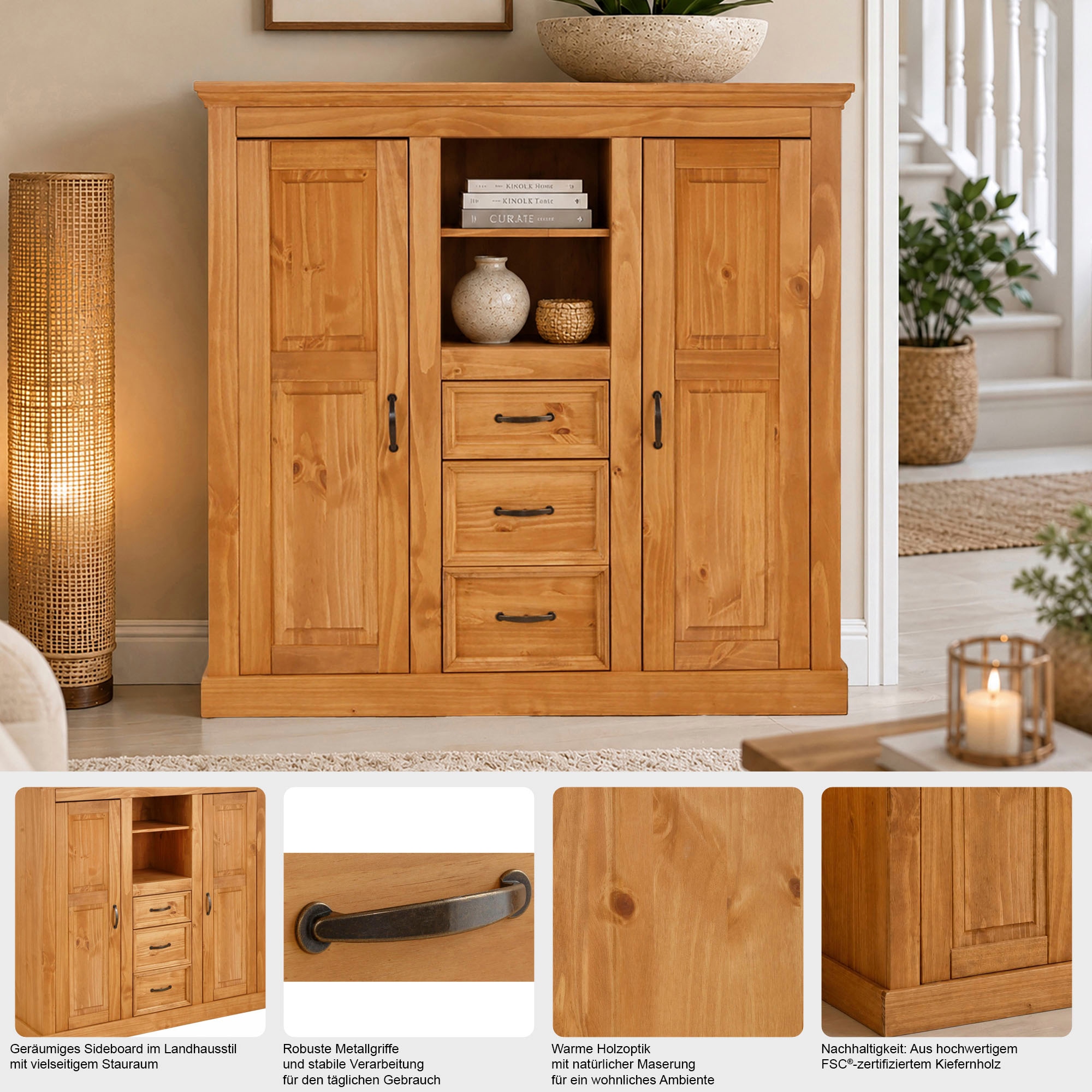 OTTO home Highboard »Selma Kommode mit 2 Türen, 3 Schubläden und 8 Fächer, Metallgriffe« massives Kiefernholz, natürliche Maserung & Metallgriffe, 130cm breit
