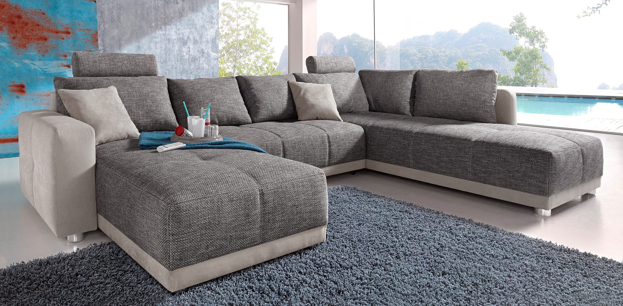 Jockenhöfer Gruppe Wohnlandschaft "Orlando U-Form, B: 337 cm, Liegefl. 135x305 cm" mit Schlaffunktion, Bettkasten, 2 Kopfstützen & 2 Zierkissen,Federkern